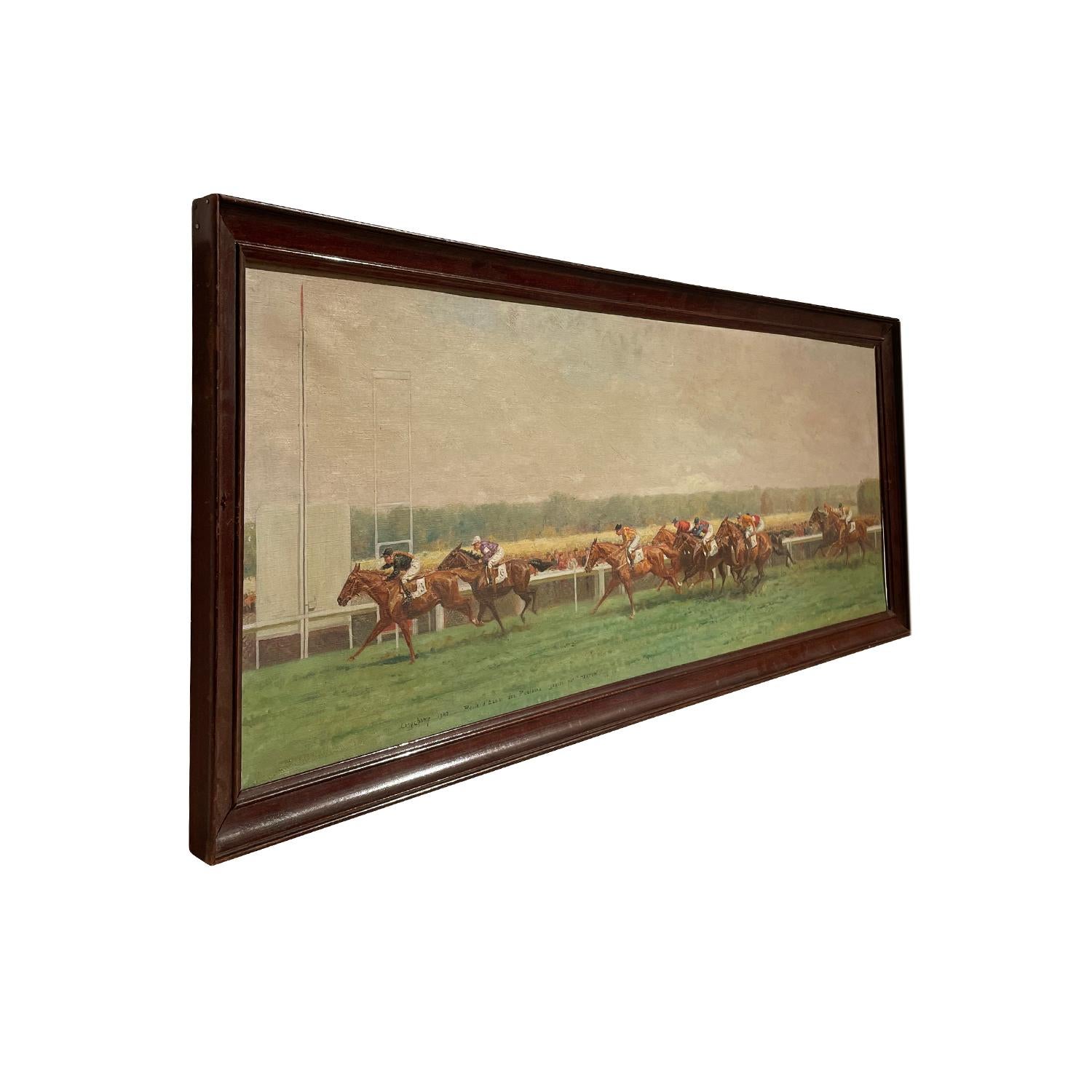 A green-brown, vintage Art Deco French oil on canvas painting of a slightly cloudy, sunny day at the Longchamp horse racing track, painted by Eugène Pechaubes in the original wooden frame, in good condition. The Parisian painting depicts nine horse