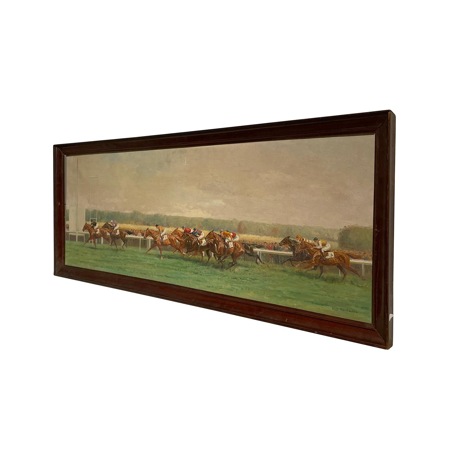Art déco Peinture à l'huile du 20e siècle représentant une course de chevaux à Longchamp par Eugène Pechaubes en vente
