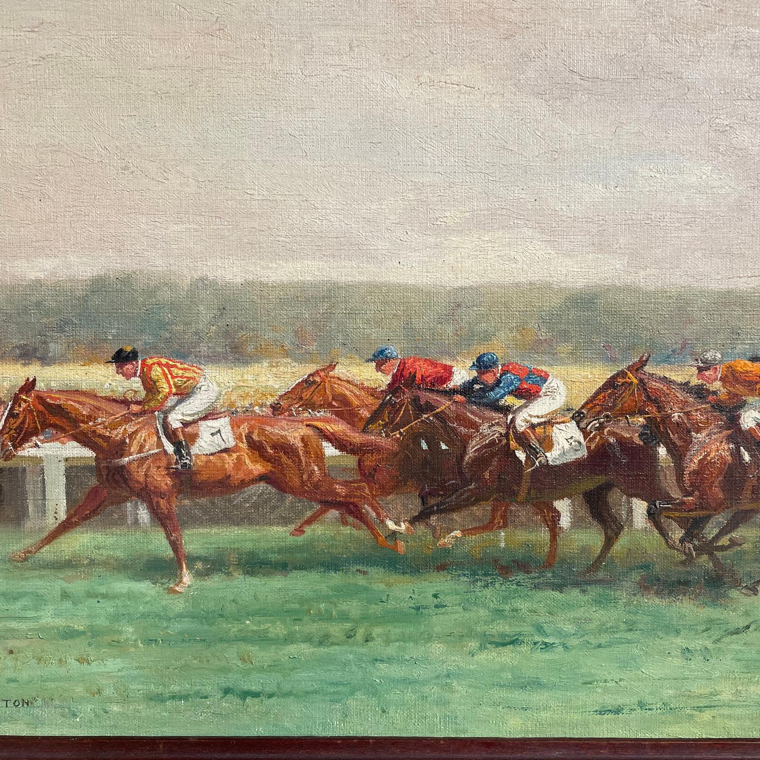 Français Peinture à l'huile du 20e siècle représentant une course de chevaux à Longchamp par Eugène Pechaubes en vente
