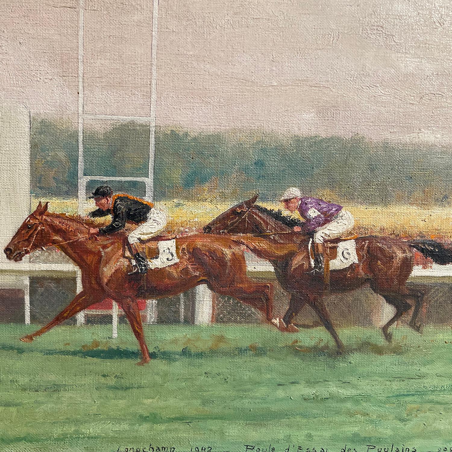 Hand-Carved 20th Century French Oil Painting of a Longchamp Horse Racing by Eugène Pechaubes For Sale