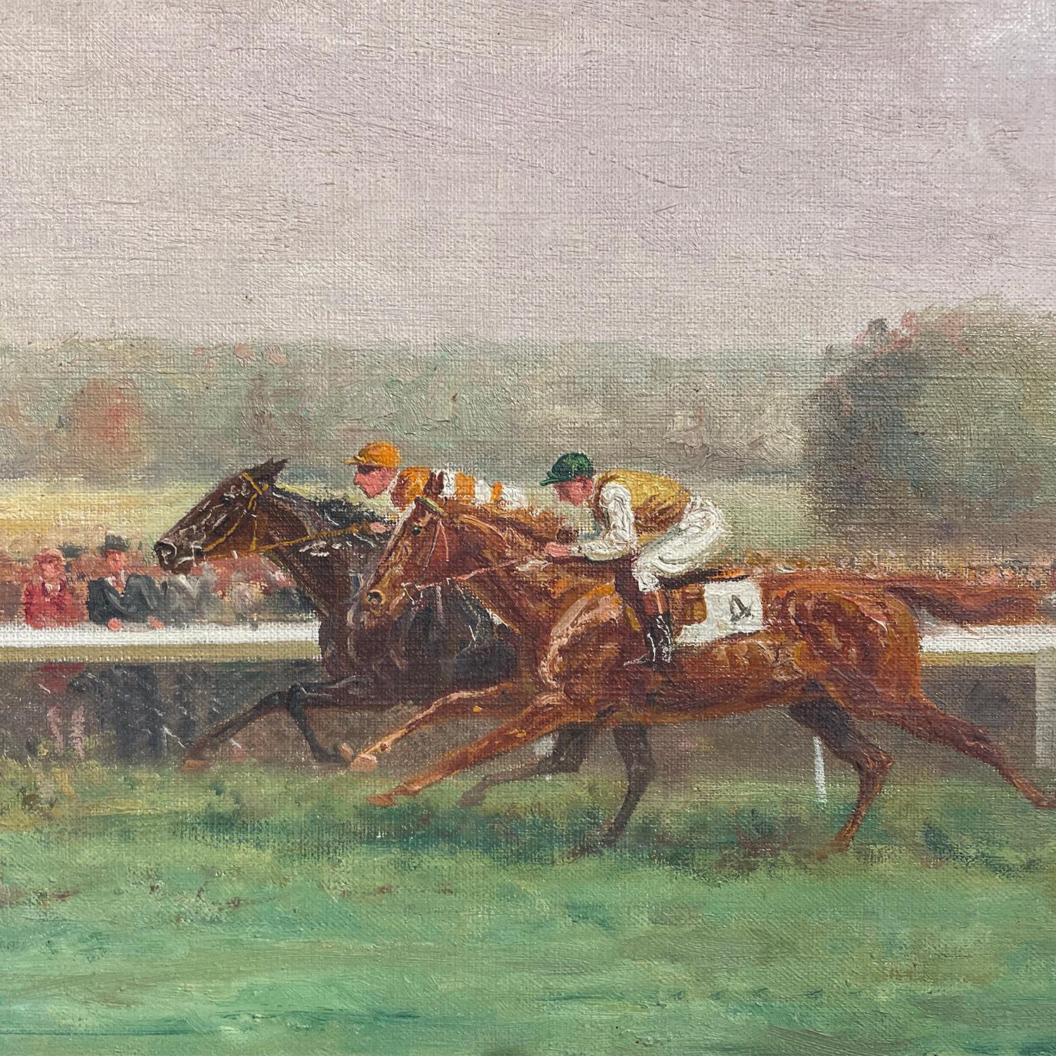 Peinture à l'huile du 20e siècle représentant une course de chevaux à Longchamp par Eugène Pechaubes Bon état - En vente à West Palm Beach, FL