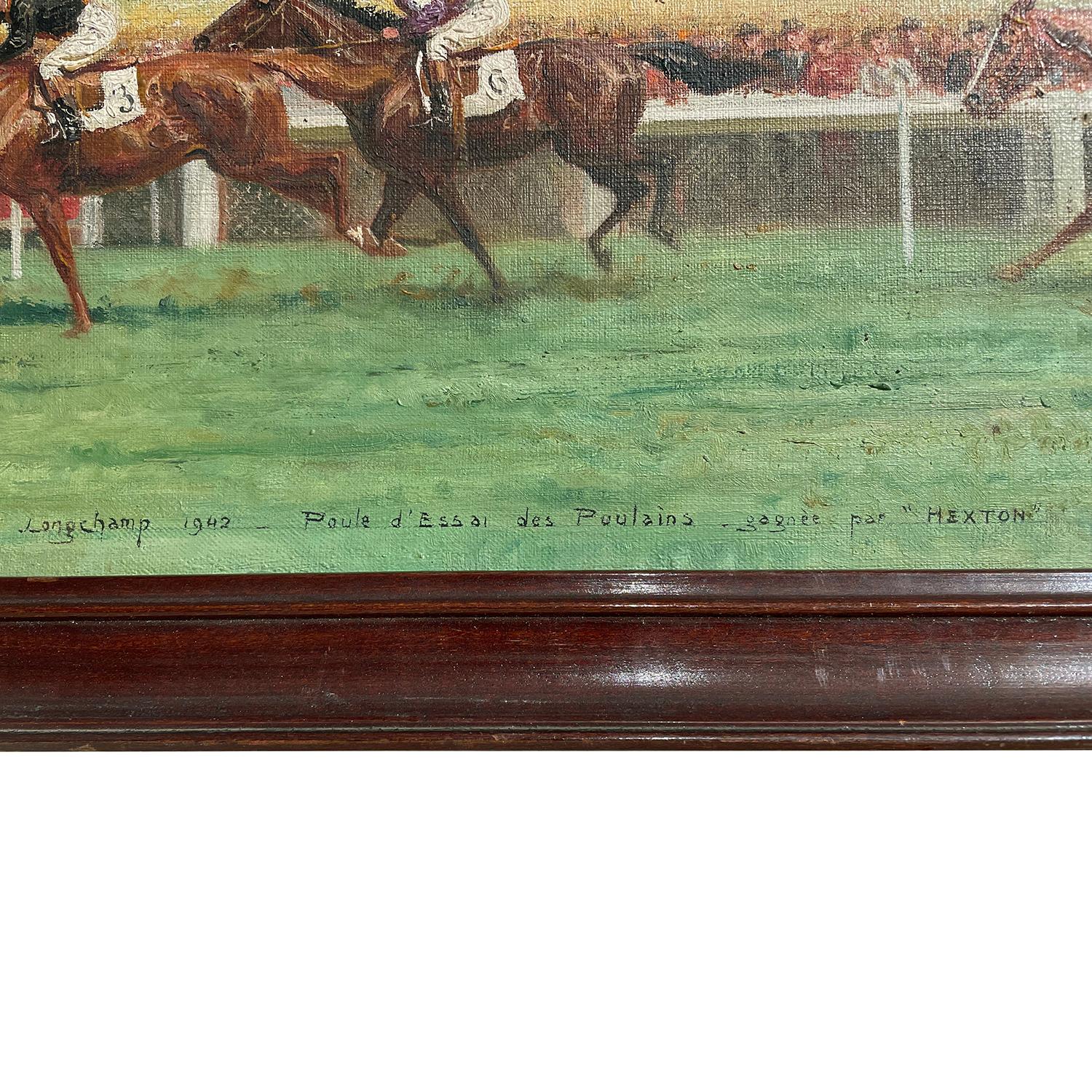 Toile Peinture à l'huile du 20e siècle représentant une course de chevaux à Longchamp par Eugène Pechaubes en vente