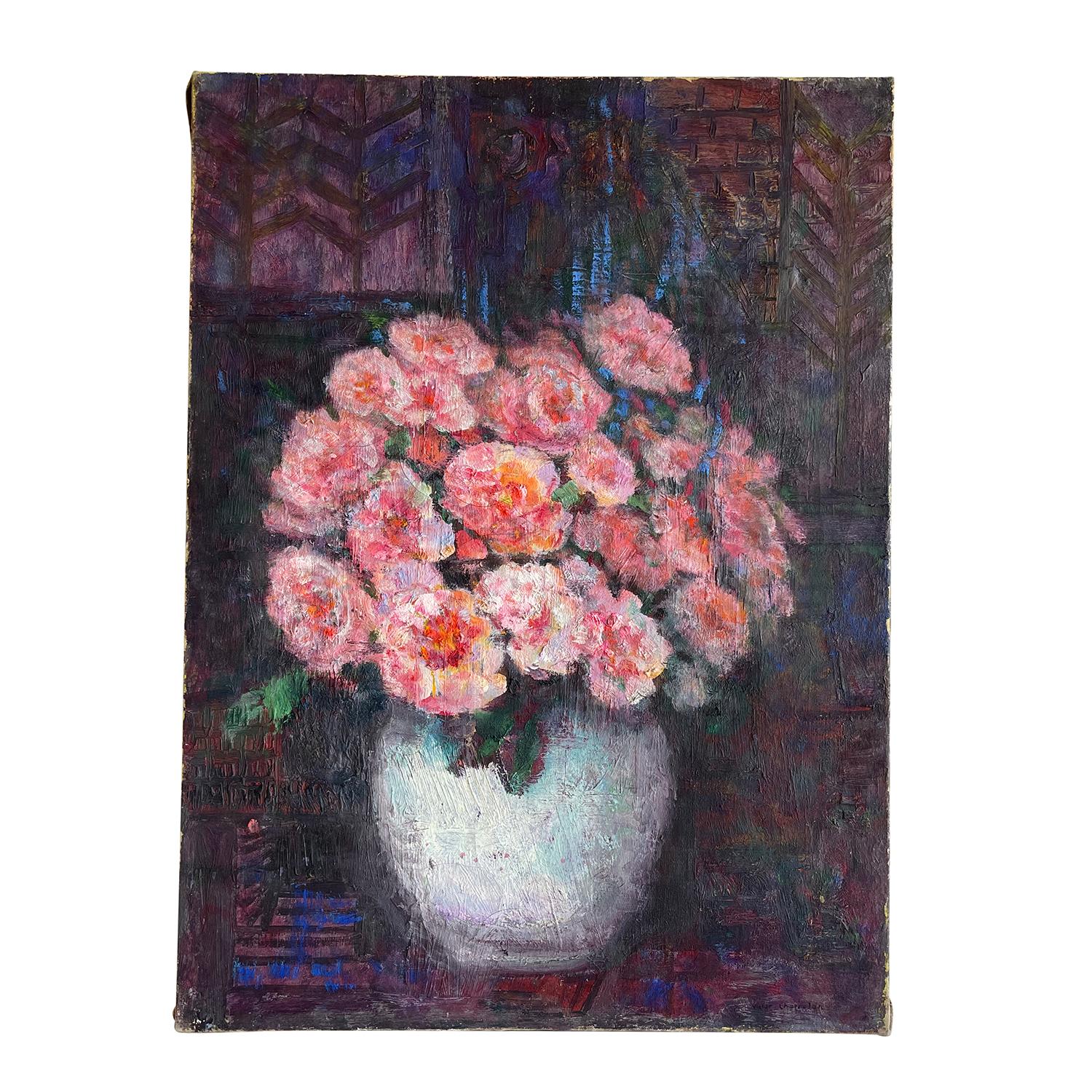 Hand-Painted 20th Century French Oil Painting of a Vase with Pink Flowers by Victor Charreton For Sale