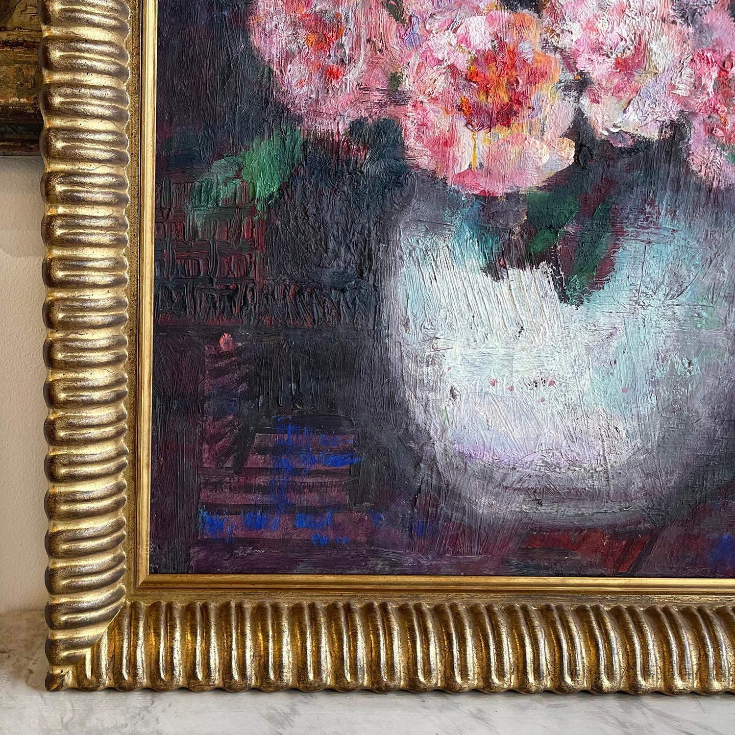 A dark-green, light-lilac oil on canvas painting of a vase with pink anemones, flowers painted by Victor Charreton, in good condition. The antique French painting represents the 19th Century Impressionism art movement, period. Signed on the lower