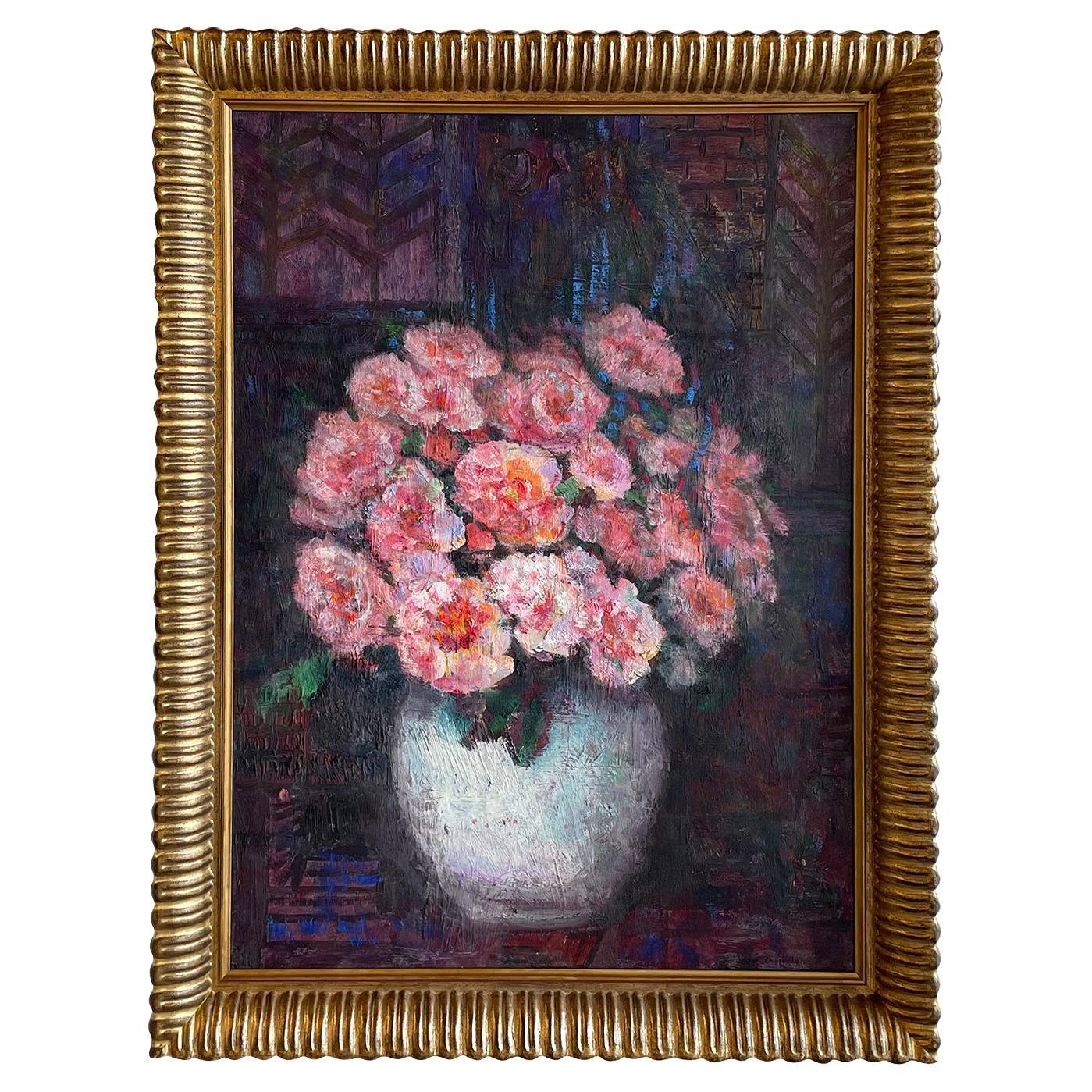 20th Century French Oil Painting of a Vase with Pink Flowers by Victor Charreton For Sale