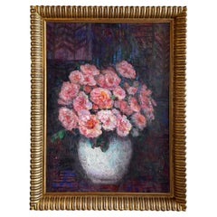 Vintage 20th Century French Oil Painting of a Vase with Pink Flowers by Victor Charreton