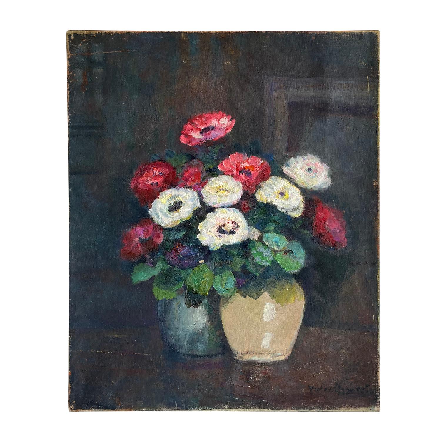 Canvas 20th Century French Oil Painting of Vases with Anemones by Victor Charreton For Sale