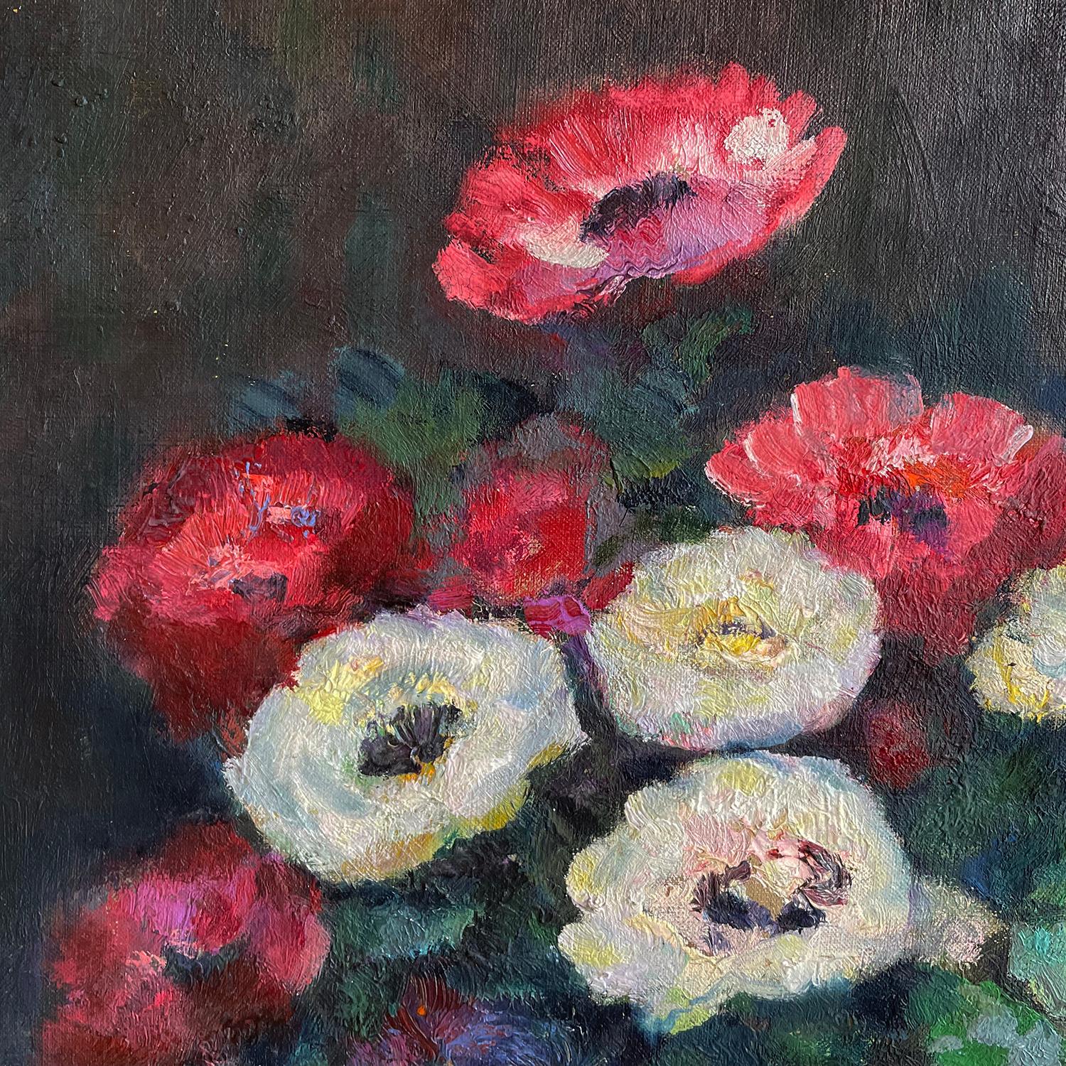 Canvas 20th Century French Oil Painting of Vases with Anemones by Victor Charreton For Sale