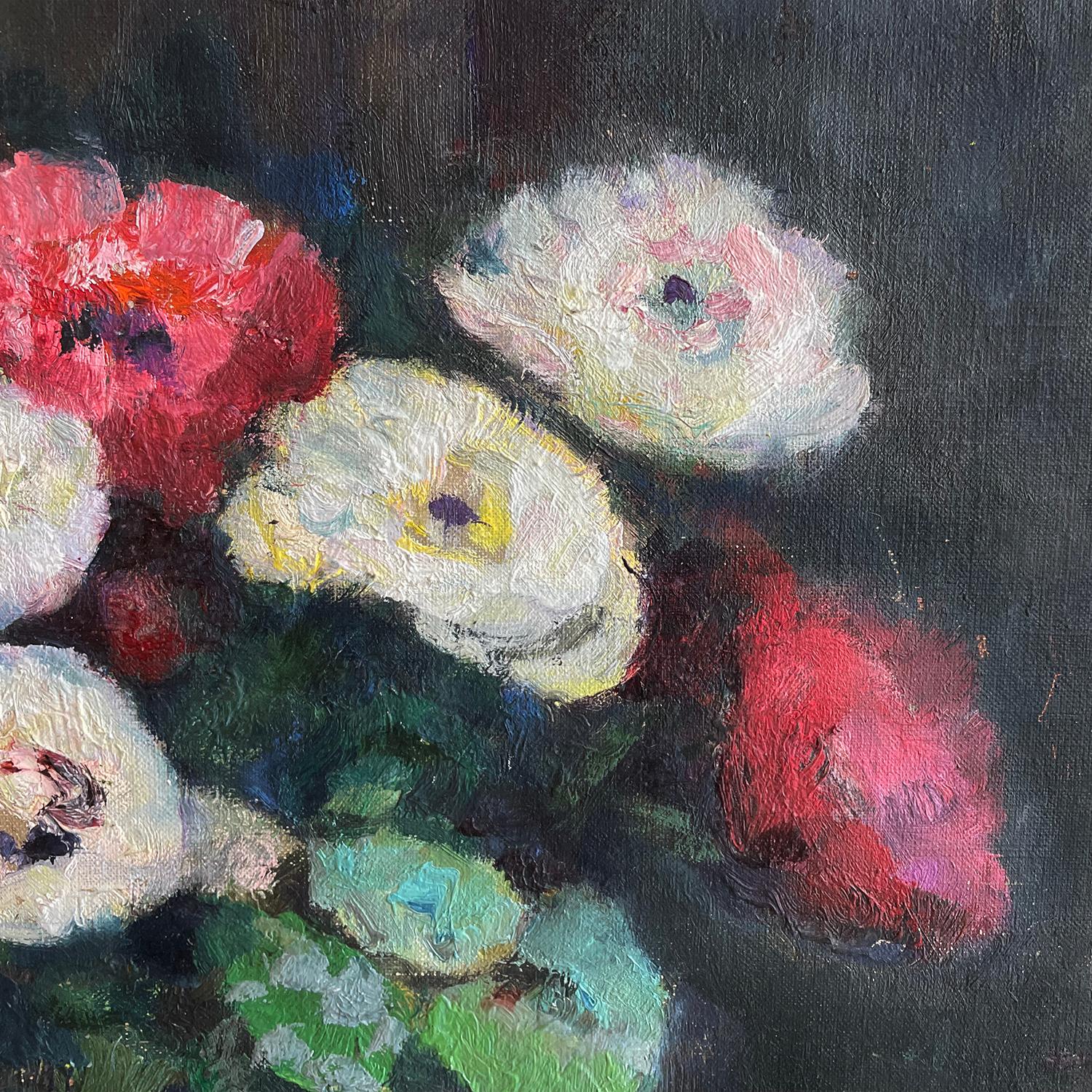 Canvas 20th Century French Oil Painting of Vases with Anemones by Victor Charreton For Sale