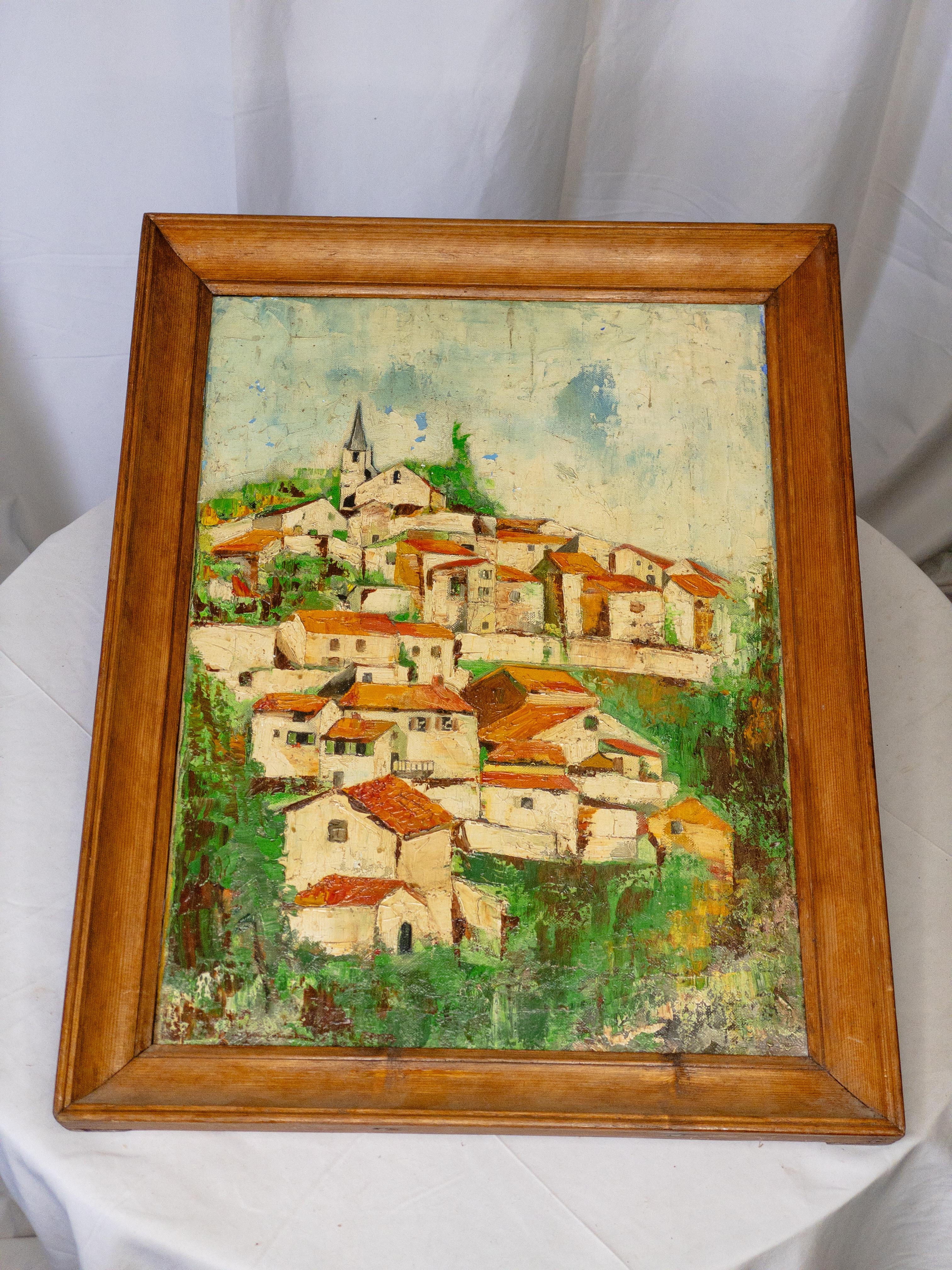 This 20th-century French oil painting on canvas offers a nostalgic glimpse into a small town's quaint charm, capturing the essence of everyday life with remarkable detail and warmth. Created in 1976, it stands as a testament to the enduring allure