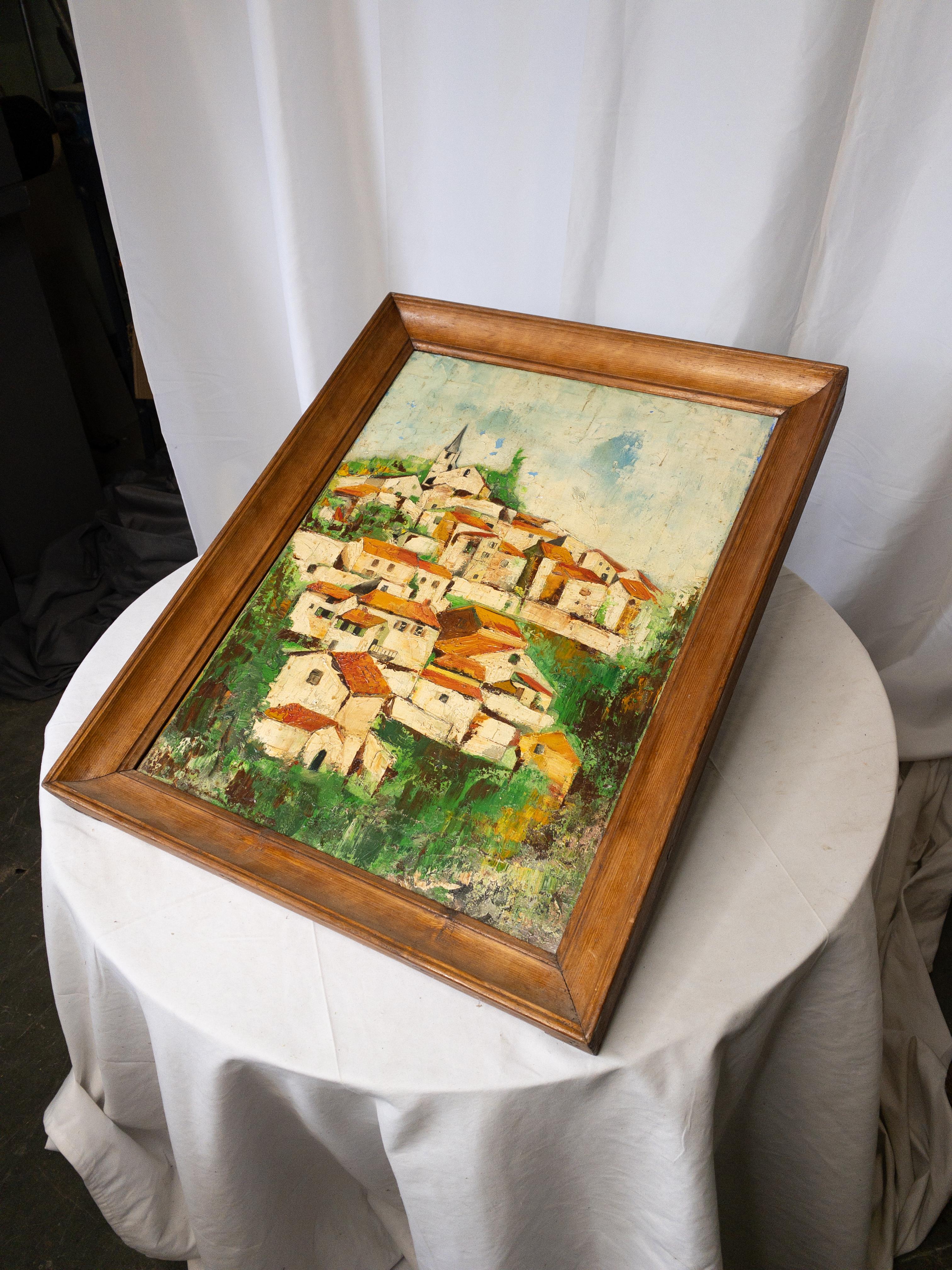 Mid-Century Modern 20th Century French Oil Painting on Canvas of Small Town in Wooden Frame For Sale