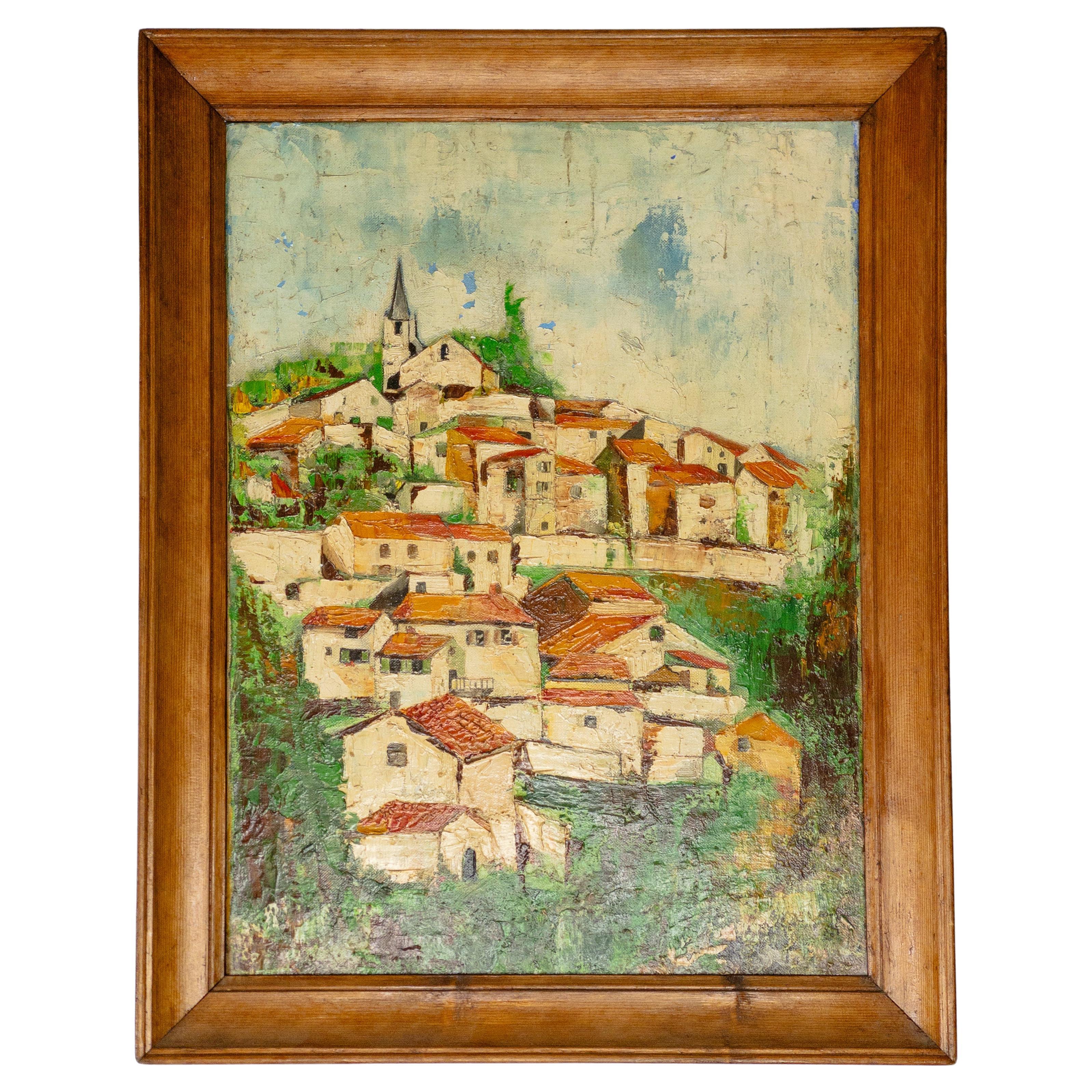 20th Century French Oil Painting on Canvas of Small Town in Wooden Frame