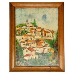 Vintage 20th Century French Oil Painting on Canvas of Small Town in Wooden Frame
