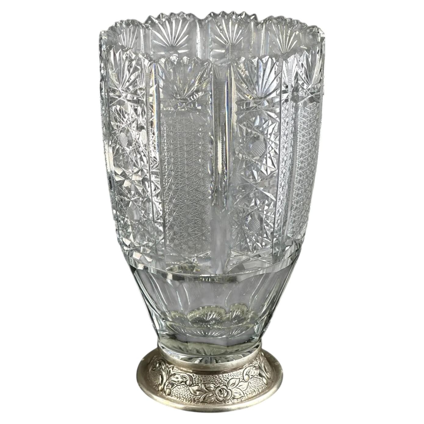 20th Century, French or Bohemian Cut Crystal Vase with Silver-Plated Mount