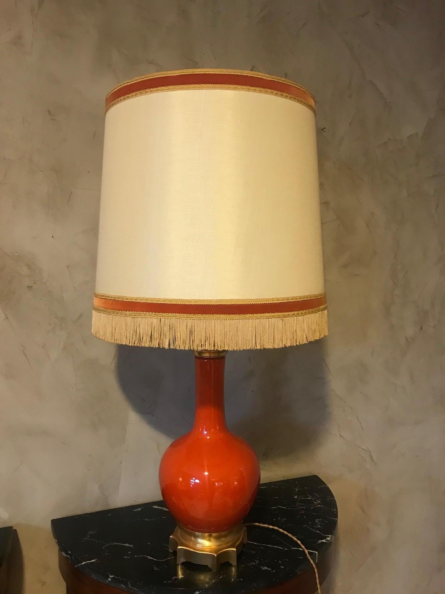 Early 20th Century 20th Century French Orange Opaline Glass and Brass Table Lamp, 1920s For Sale