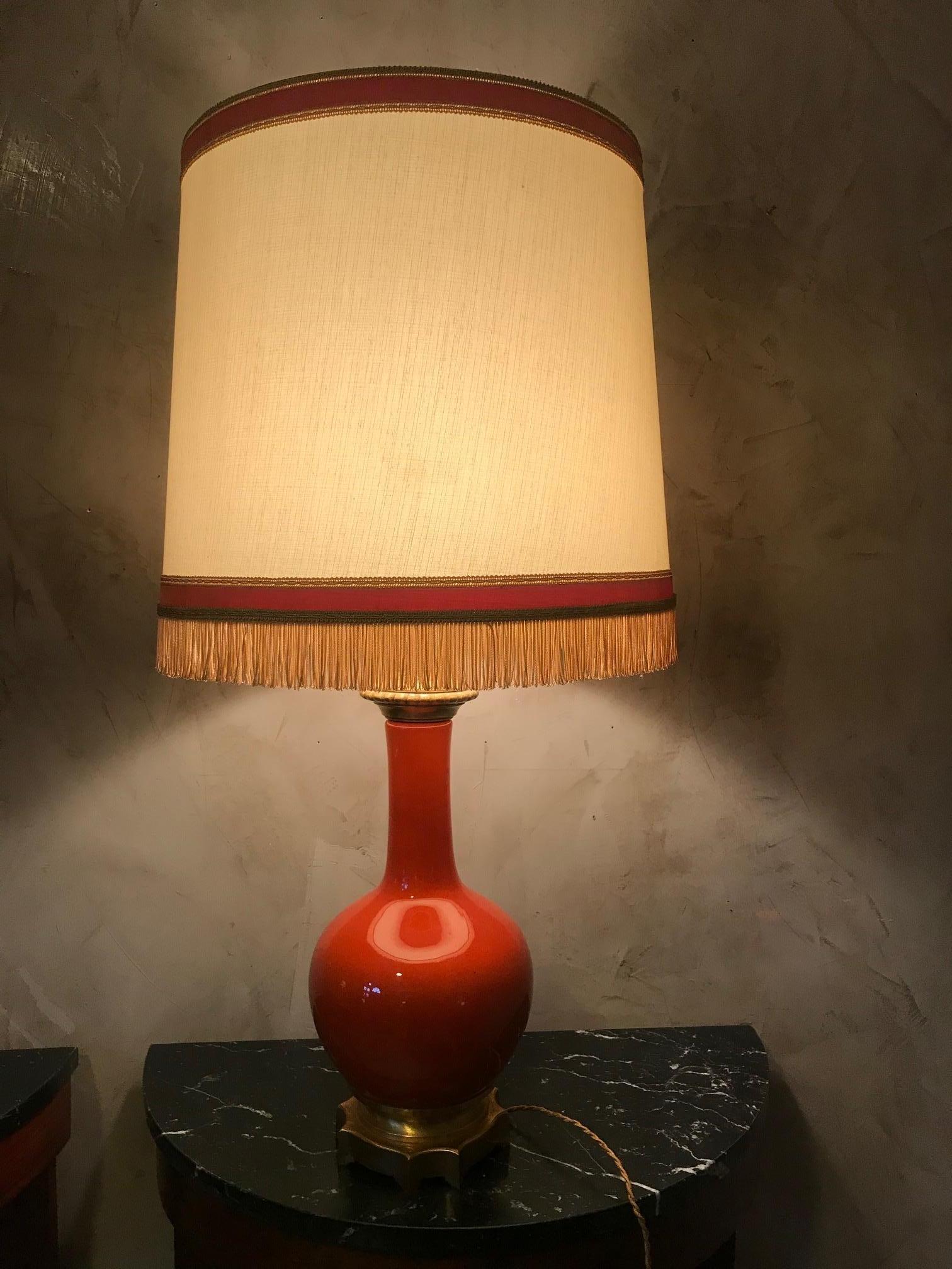 Fabric 20th Century French Orange Opaline Glass and Brass Table Lamp, 1920s For Sale