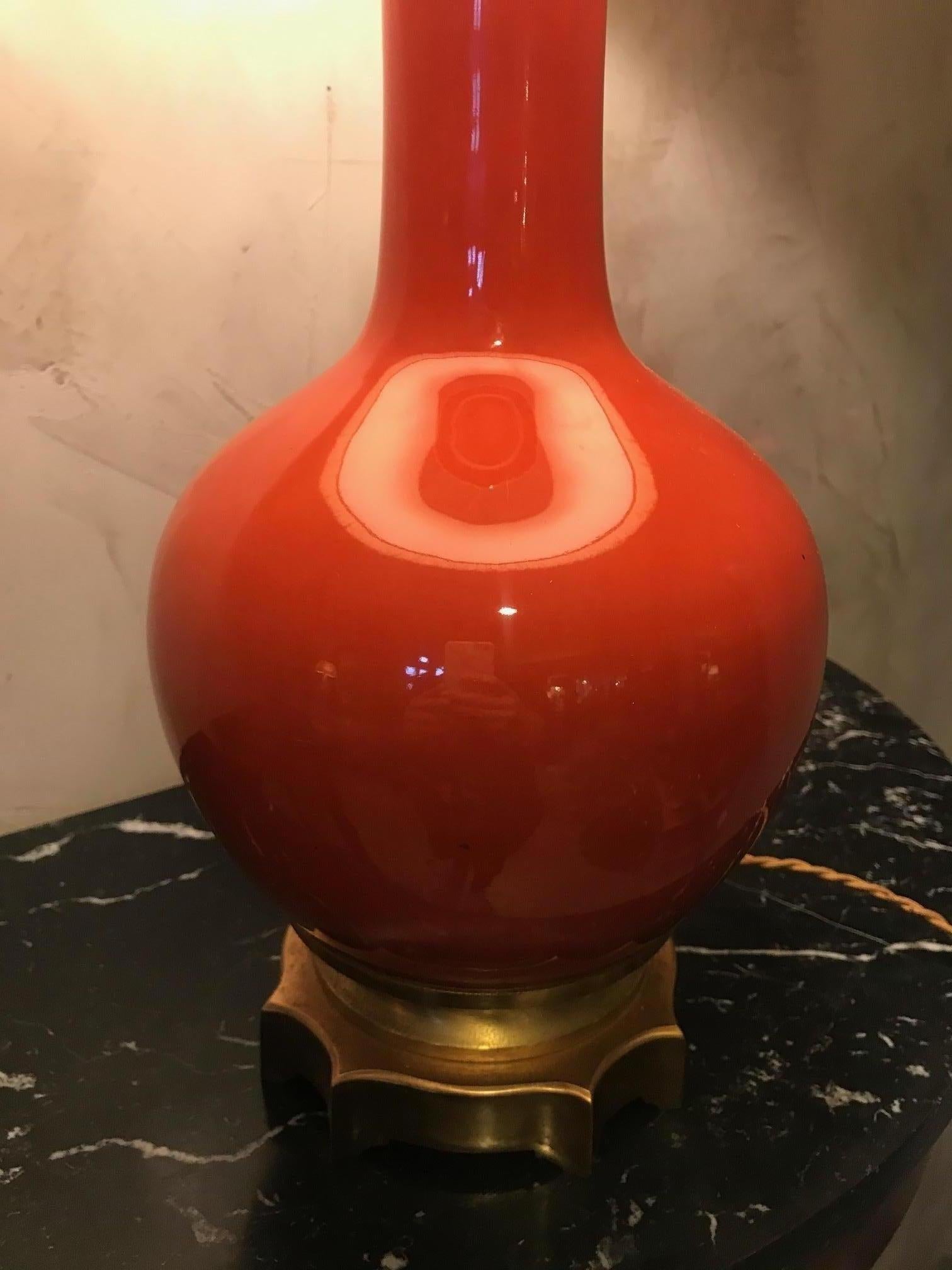 20th Century French Orange Opaline Glass and Brass Table Lamp, 1920s For Sale 3