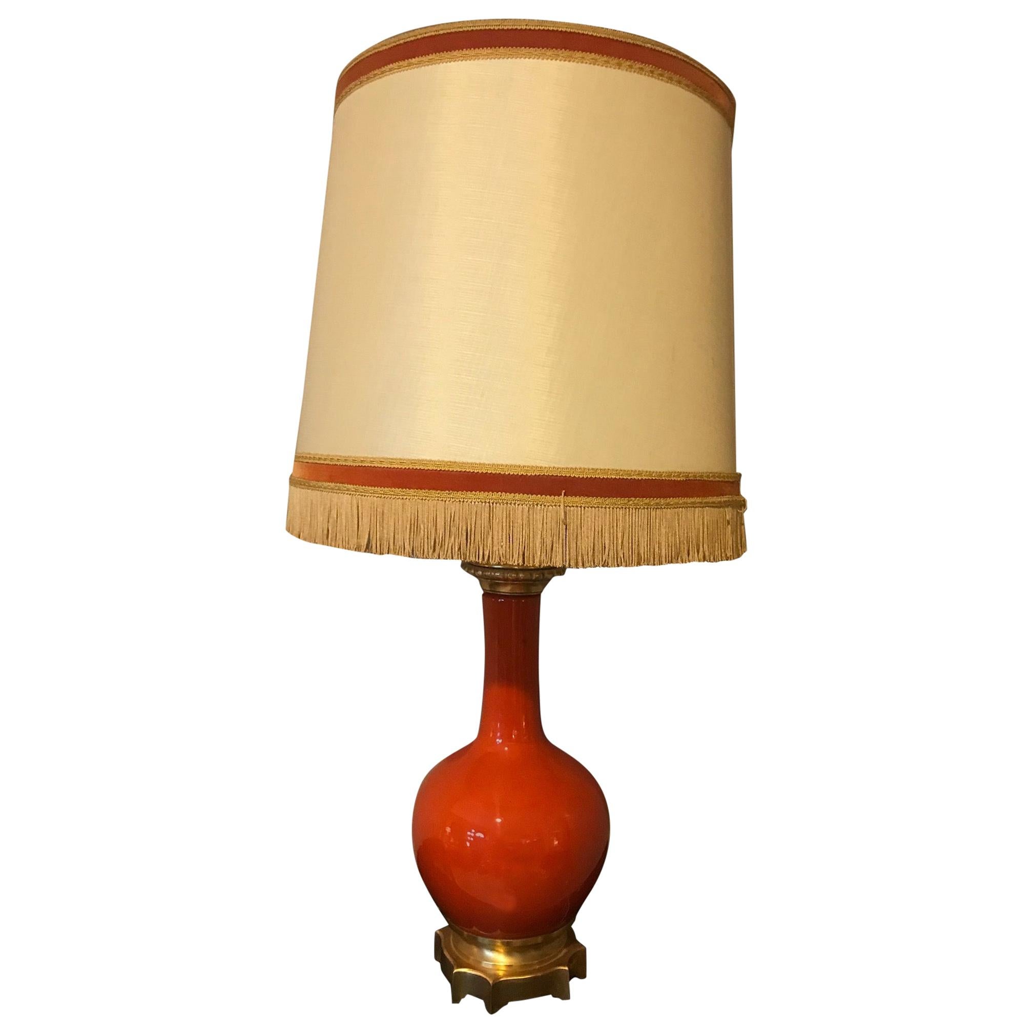 20th Century French Orange Opaline Glass and Brass Table Lamp, 1920s For Sale