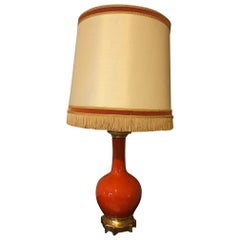 Antique 20th Century French Orange Opaline Glass and Brass Table Lamp, 1920s