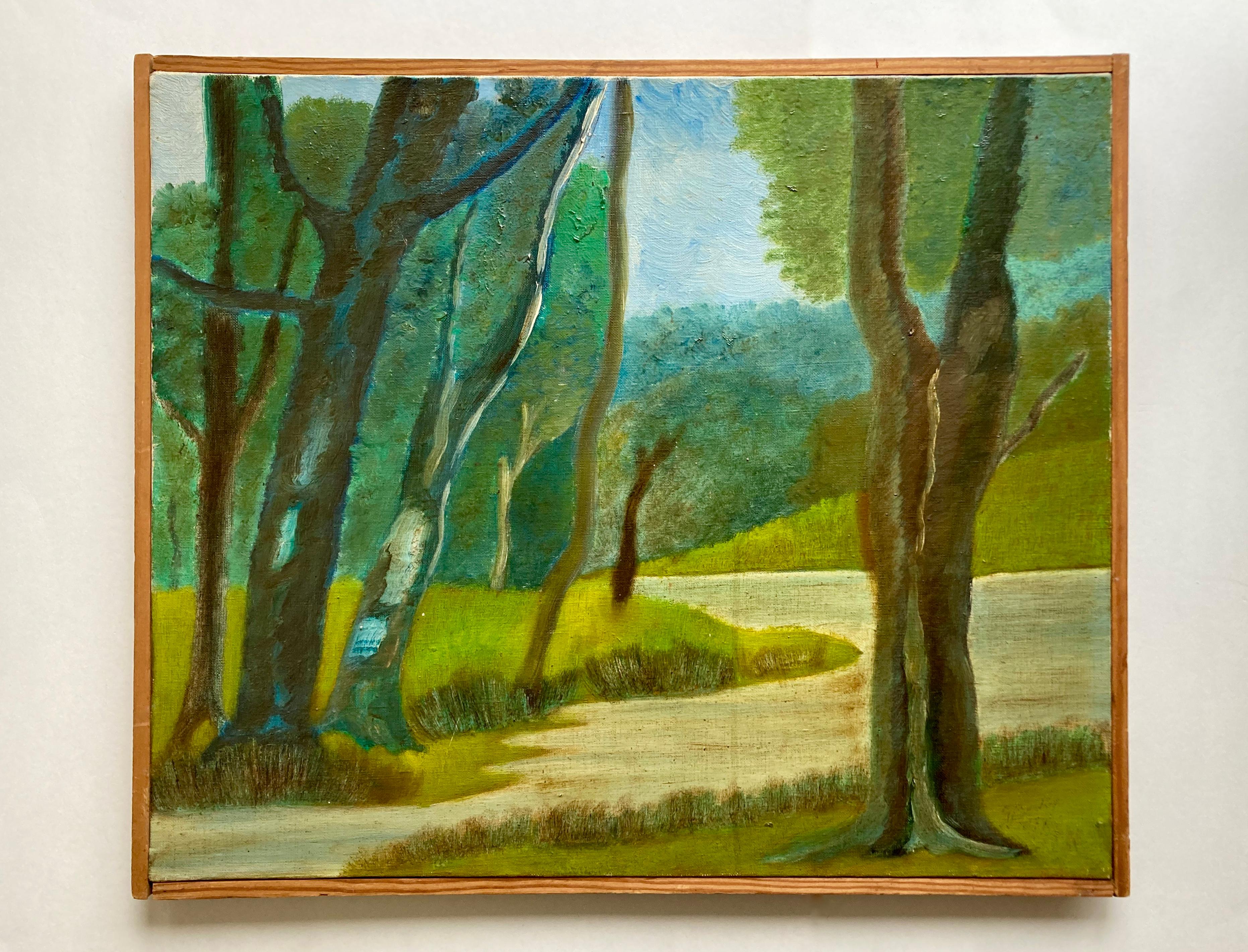A lush and harmouneous, vintage painting from the 1970s that feels surprisingly modern and timeless. This original oil painting on stretched canvas has been sourced in France. Even though difficult to interpret, it has been signed and dated by the