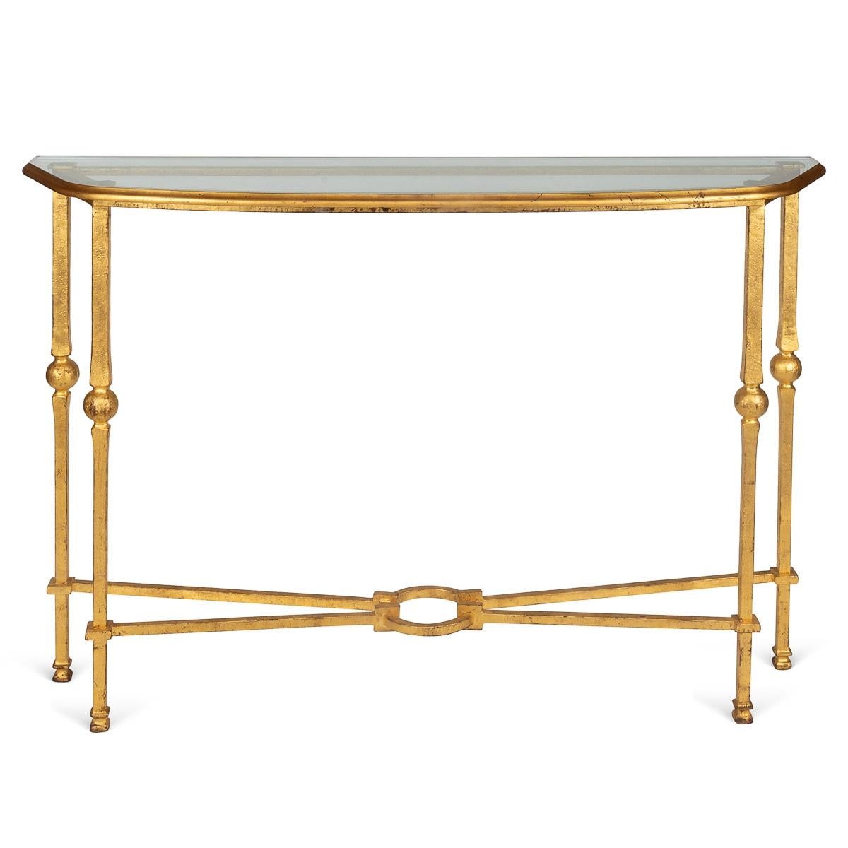 A stylish pair of 20th century French ormolu console tables, column legs with ball junctions, with four arms terminating in a circle, mounted with beautifully bezelled glass countertop. Elegant addition to any interior.

CONDITION
In Great
