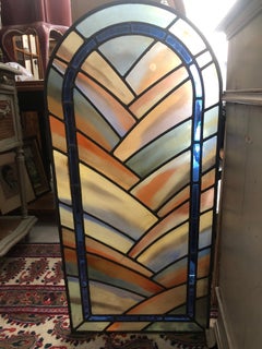 20th Century French Oval Stained Glass and Plexiglass Panel