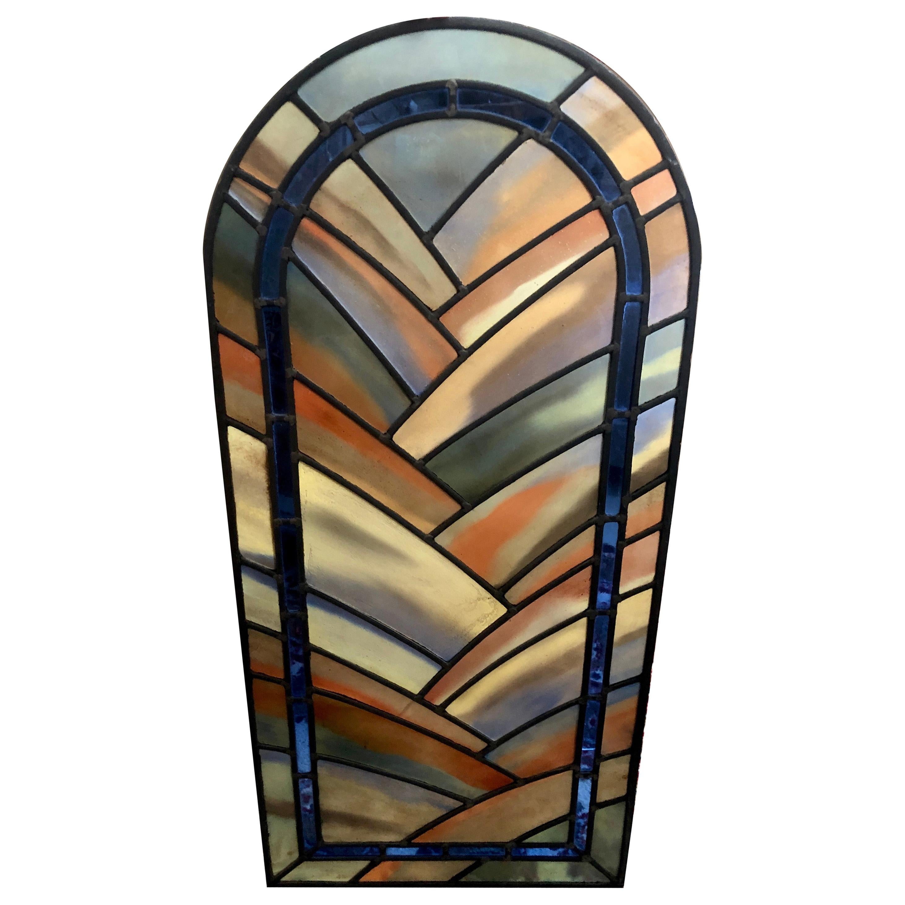 20th Century French Oval Stained Glass and Plexiglass Panel