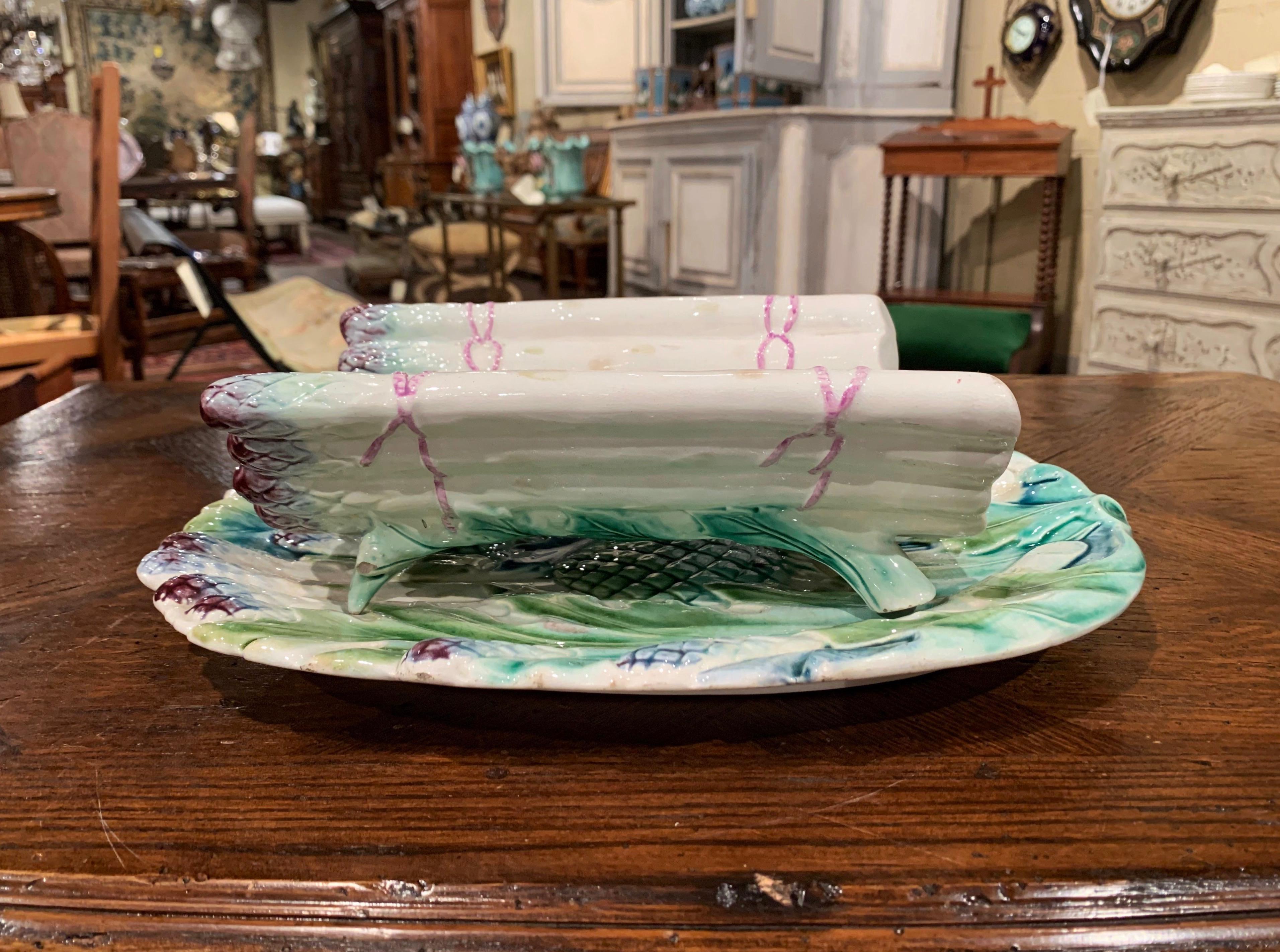 Ceramic 20th Century French Painted Barbotine Two-Piece Asparagus Dish from Luneville For Sale