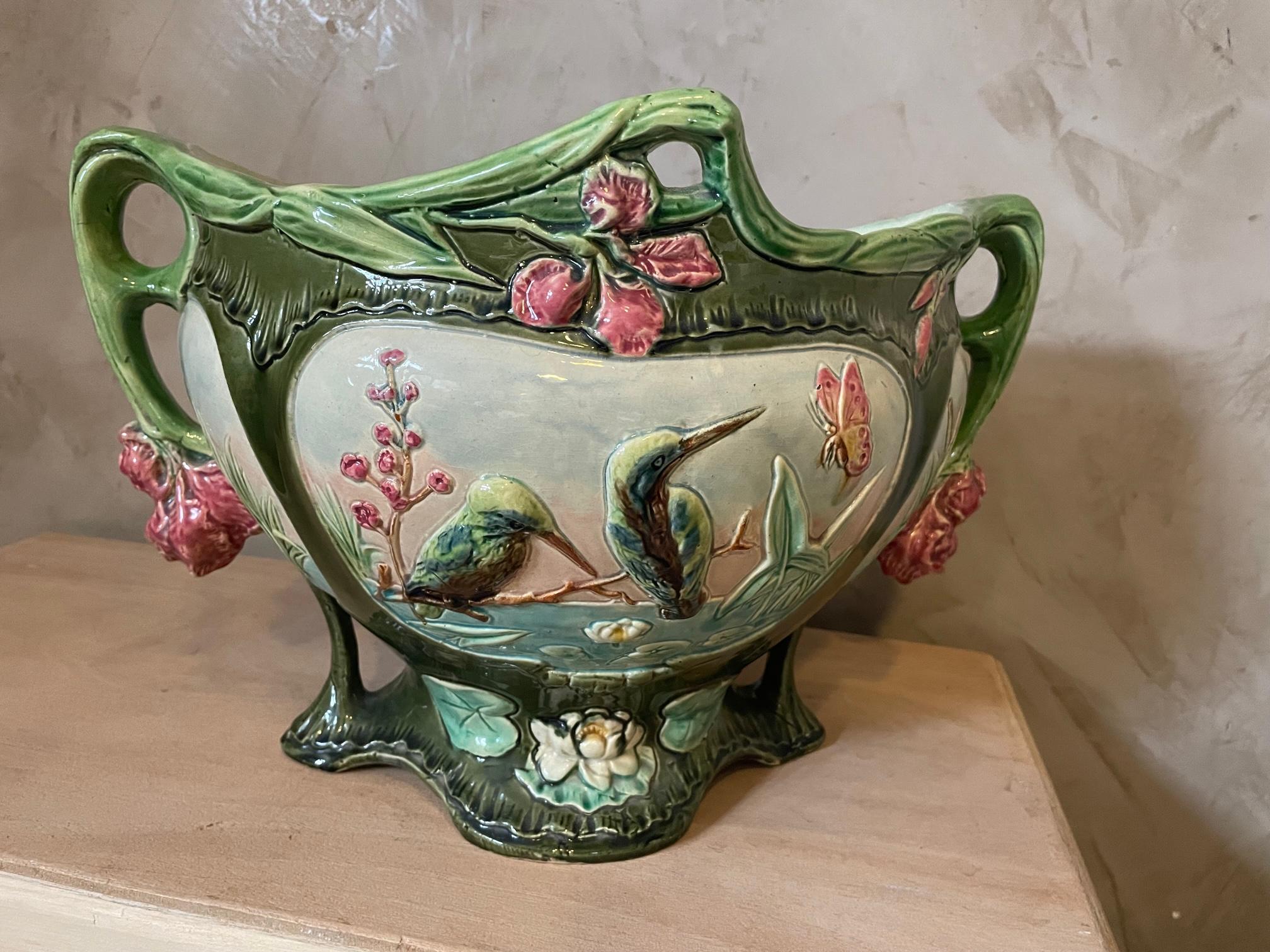 20th century French Painted Ceramic Barbotine Cachepot, 1900s 4