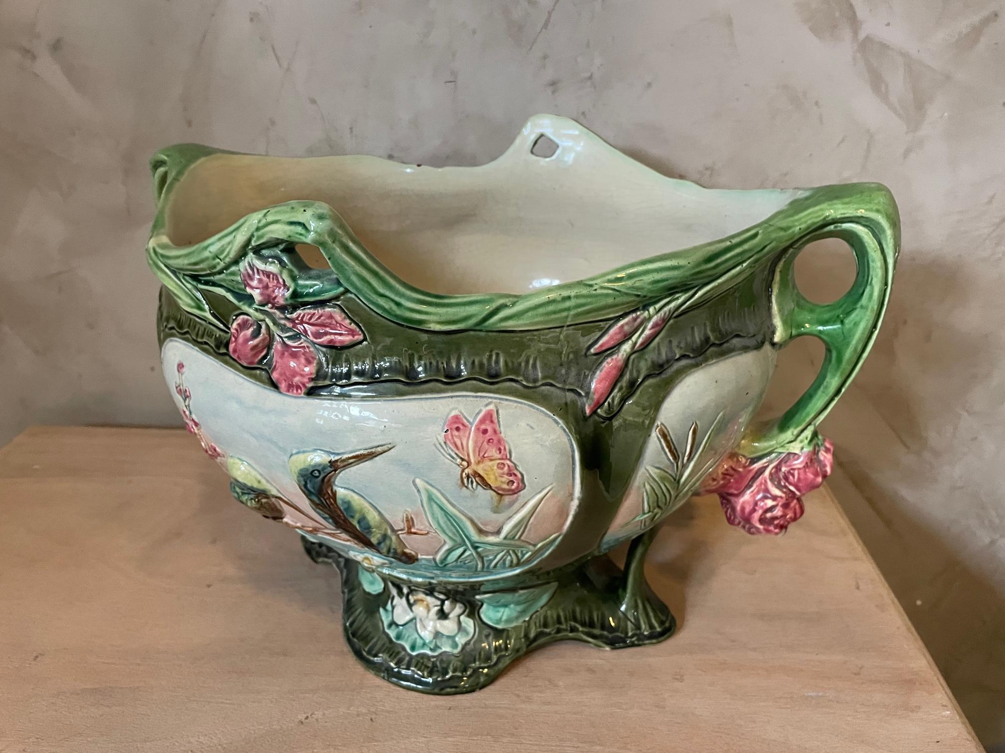 20th century French Painted Ceramic Barbotine Cachepot, 1900s In Good Condition In LEGNY, FR