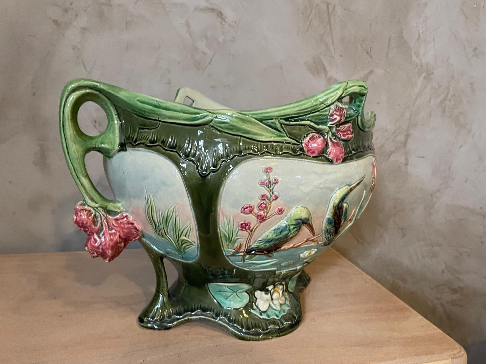 20th century French Painted Ceramic Barbotine Cachepot, 1900s 3