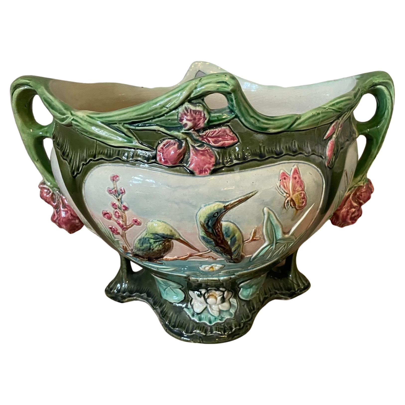 20th century French Painted Ceramic Barbotine Cachepot, 1900s
