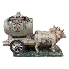 Antique 20th Century French Painted Faience Barbotine Cart and Cows Composition