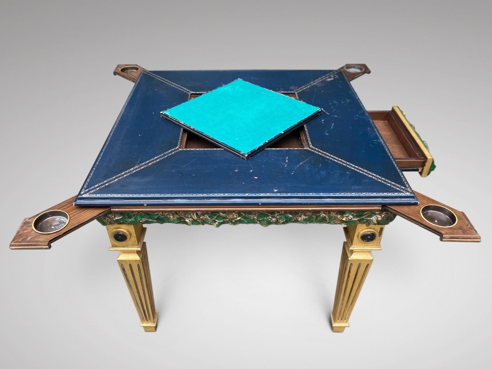 Mid-Century Modern 20th Century French Painted Games Table with Blue Leather Tooled Top For Sale