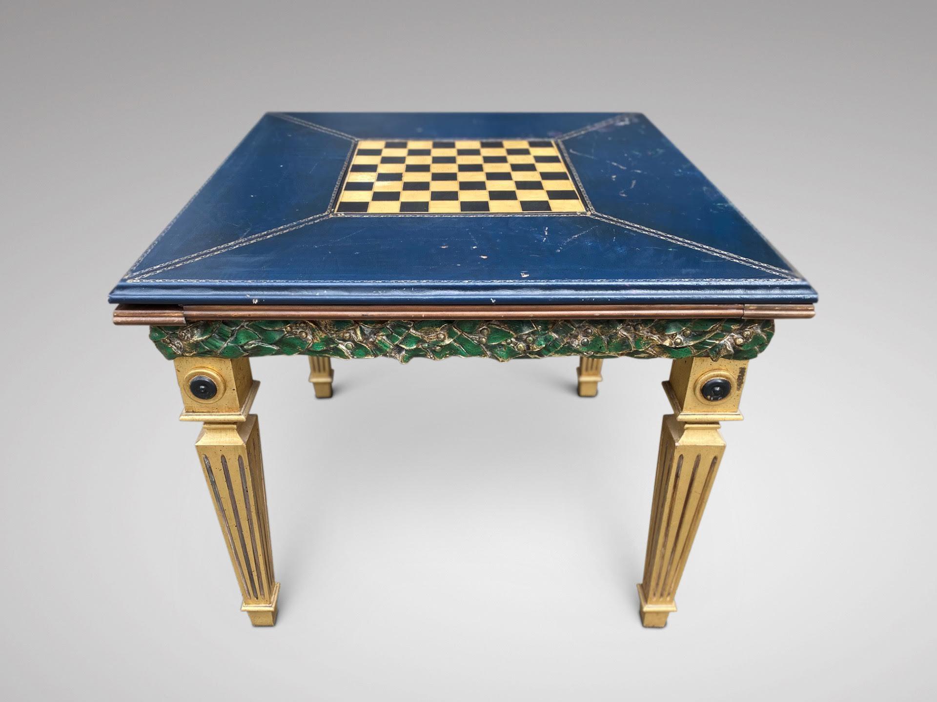 Carved 20th Century French Painted Games Table with Blue Leather Tooled Top For Sale