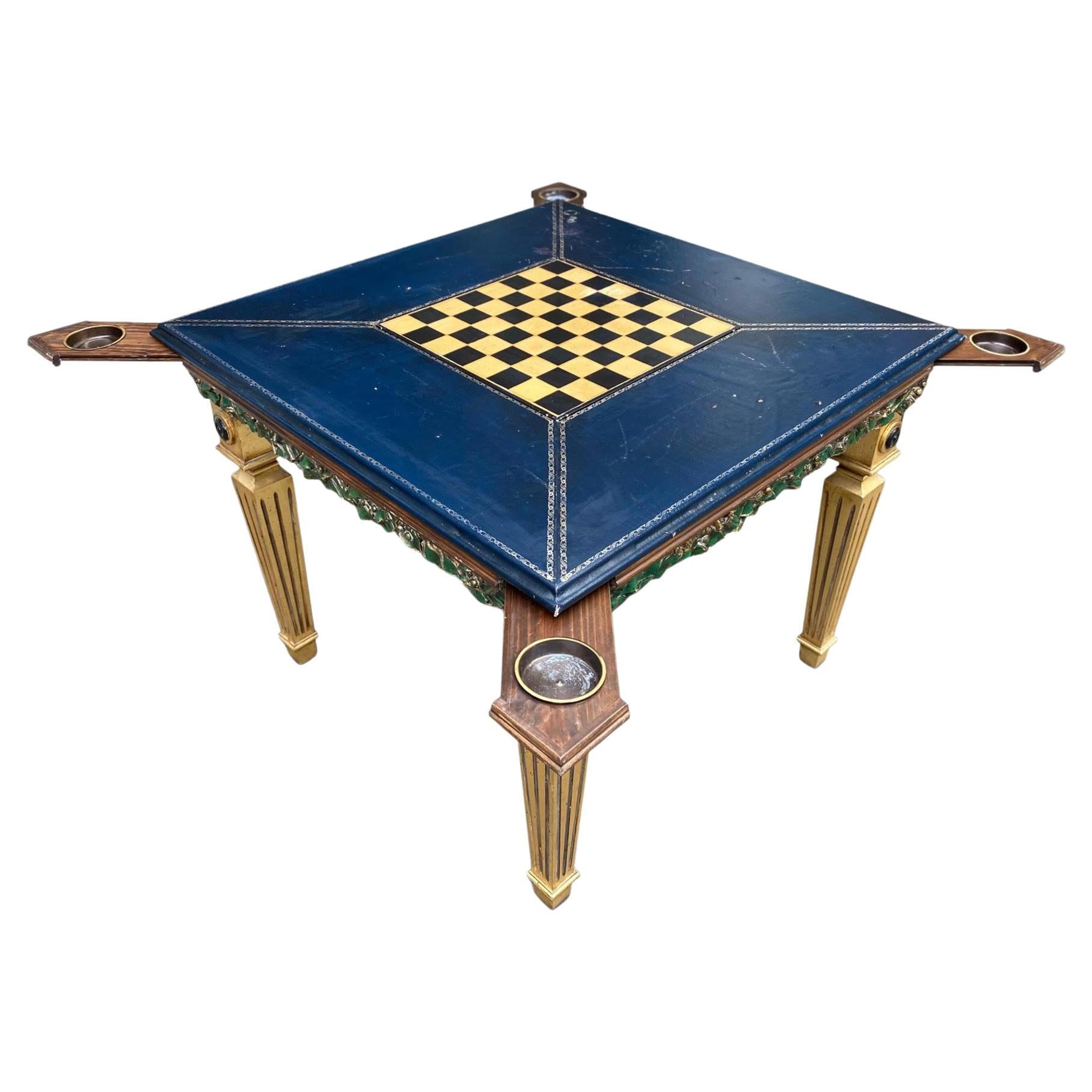 Table de jeu française du 20ème siècle peinte avec plateau en cuir bleu ouvragé