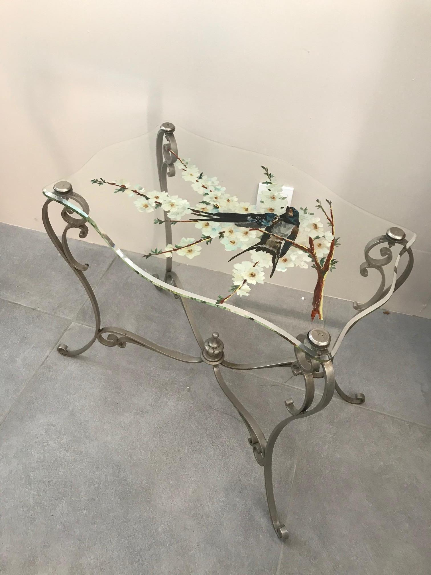 20th Century French Painted Glass and Metal Coffee Table, 1950s In Good Condition In LEGNY, FR