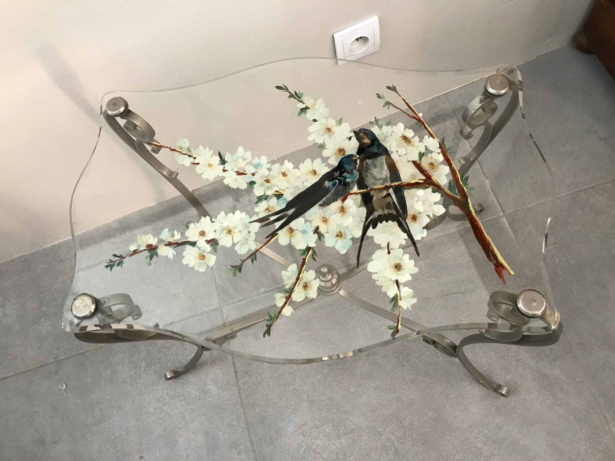 Mid-20th Century 20th Century French Painted Glass and Metal Coffee Table, 1950s