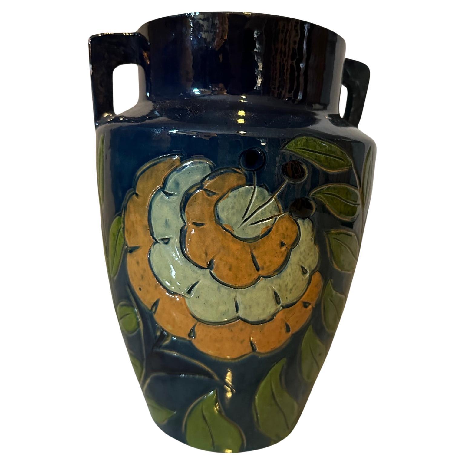 Französische bemalte Terrakotta-Fauquet-Vase des 20. Jahrhunderts, 1940er Jahre