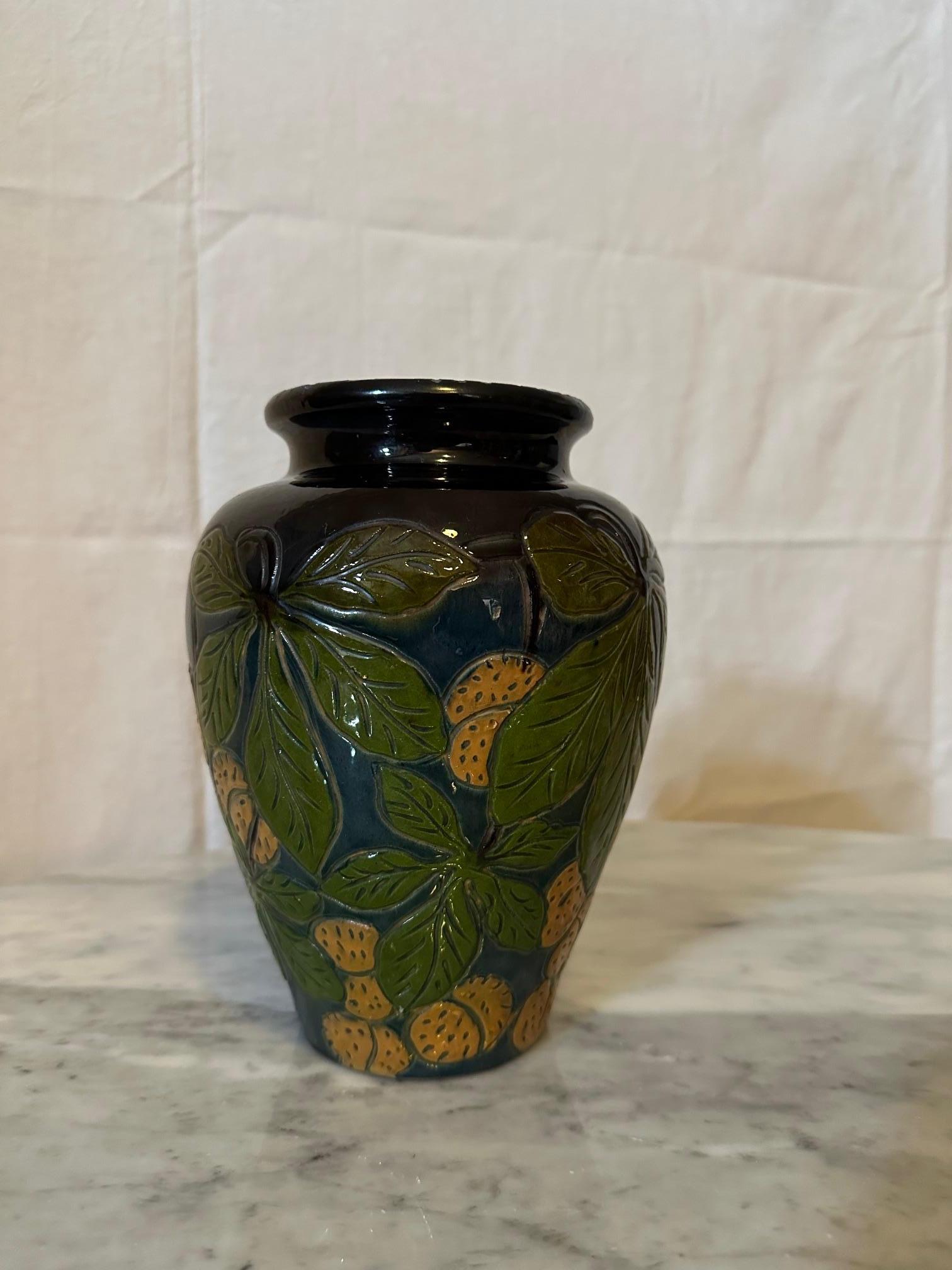 20th century French Painted Terracotta Fauquet Vase In Good Condition For Sale In LEGNY, FR