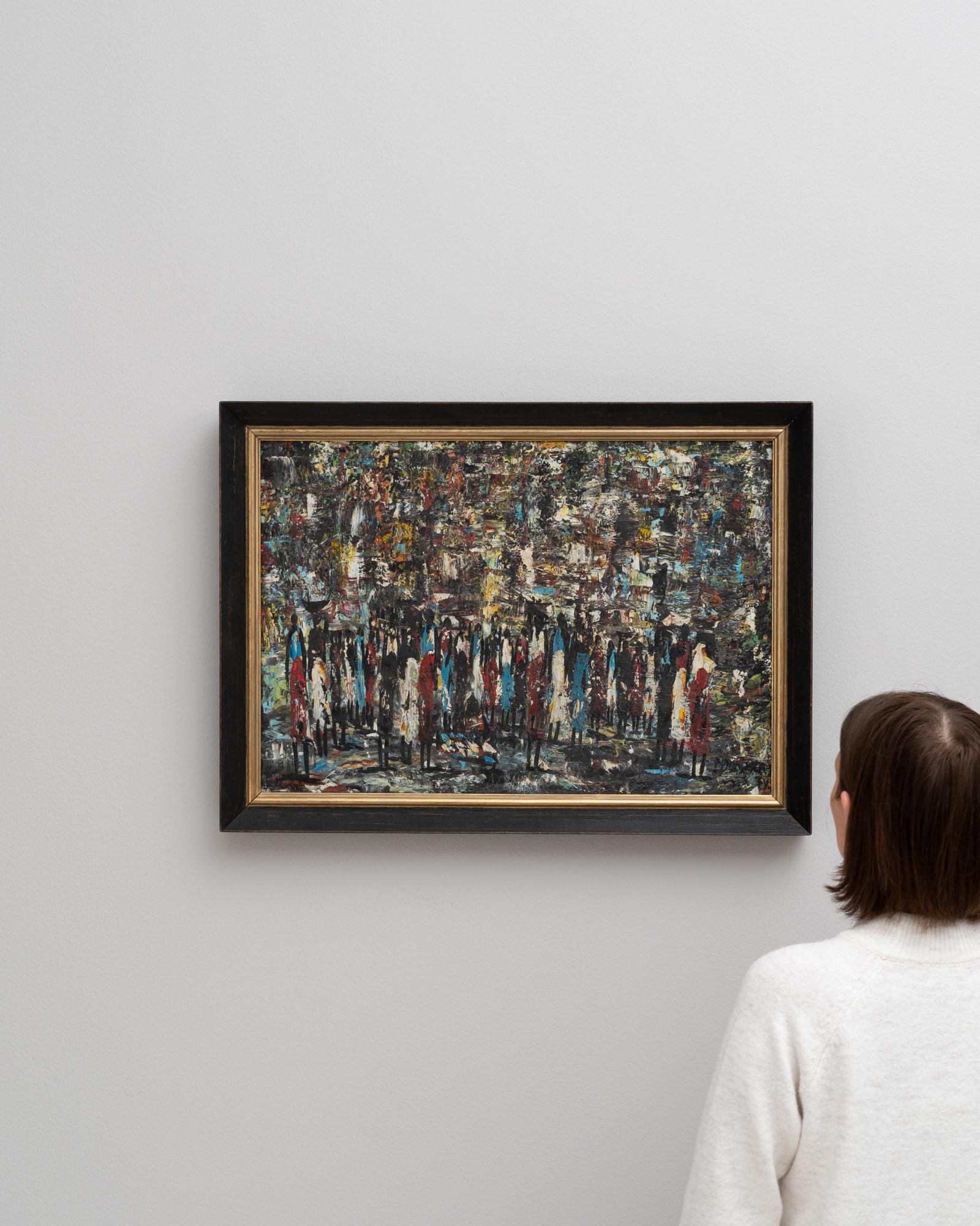 This 20th Century French painting is a vivid and dynamic composition that captures the vibrant essence of a bustling crowd. The abstract style teems with activity, as each stroke and dab of color comes together to suggest figures in motion. The