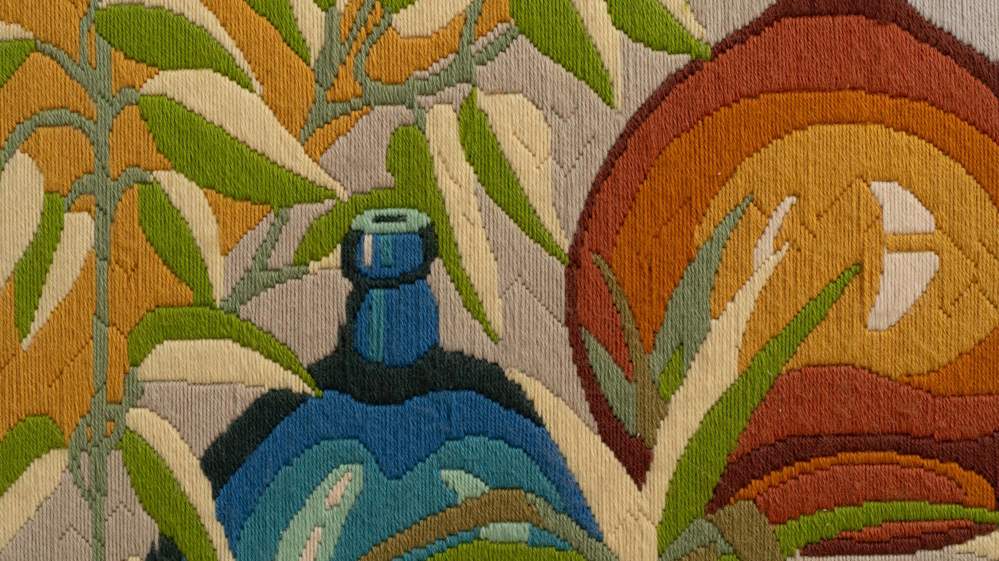 This vibrant 20th Century French painting offers a modernist interpretation of still life, where bold colors and abstract shapes converge to create a dynamic composition. The central objects, a blue and an amber bottle, are nestled amidst a tapestry