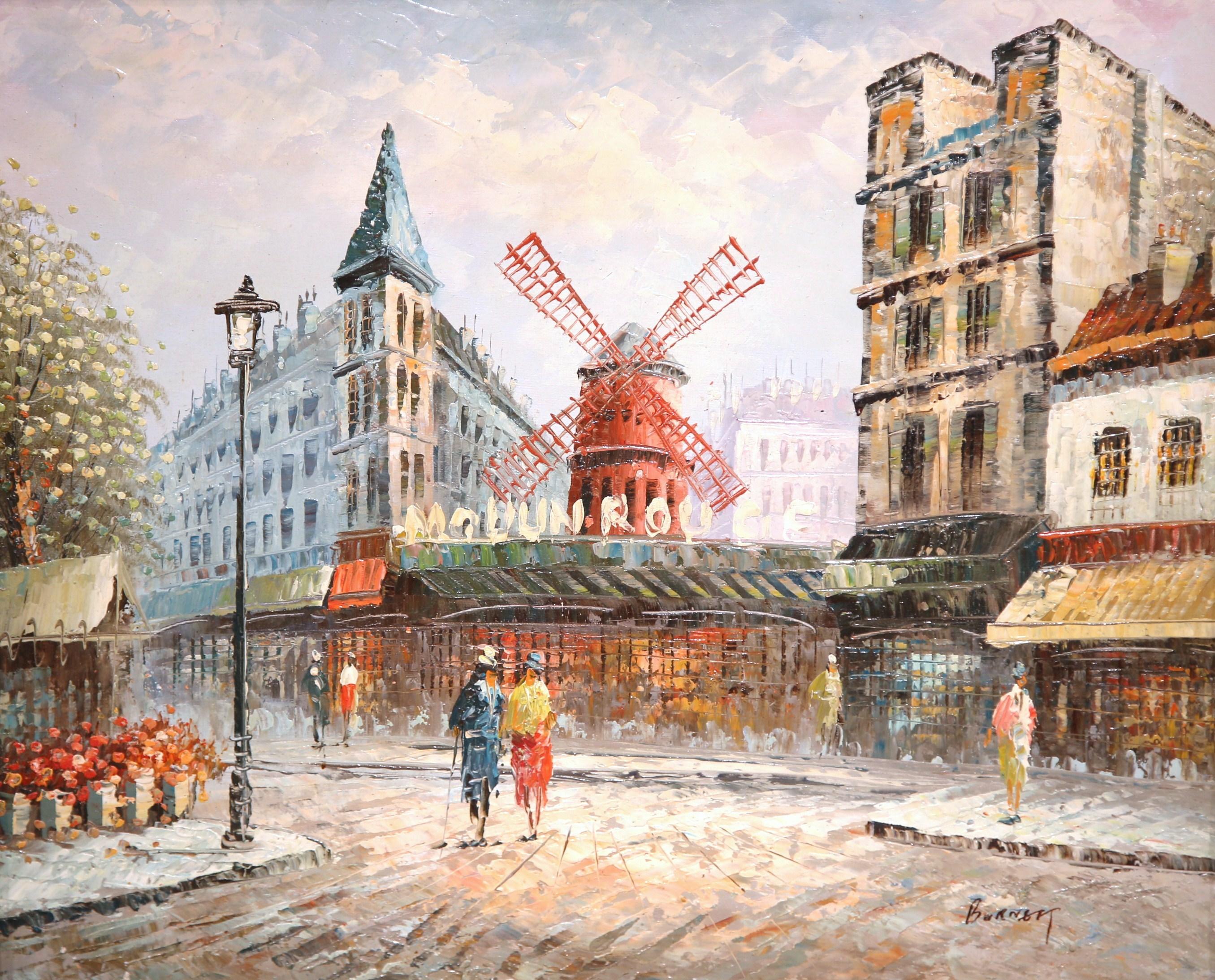 This beautiful oil on canvas painting depicts the iconic Moulin Rouge building in Paris. The Classic cityscape composition, signed on the bottom right Burnau, is set in a 19th century gold leaf frame. The painting shows two figures, but is focused