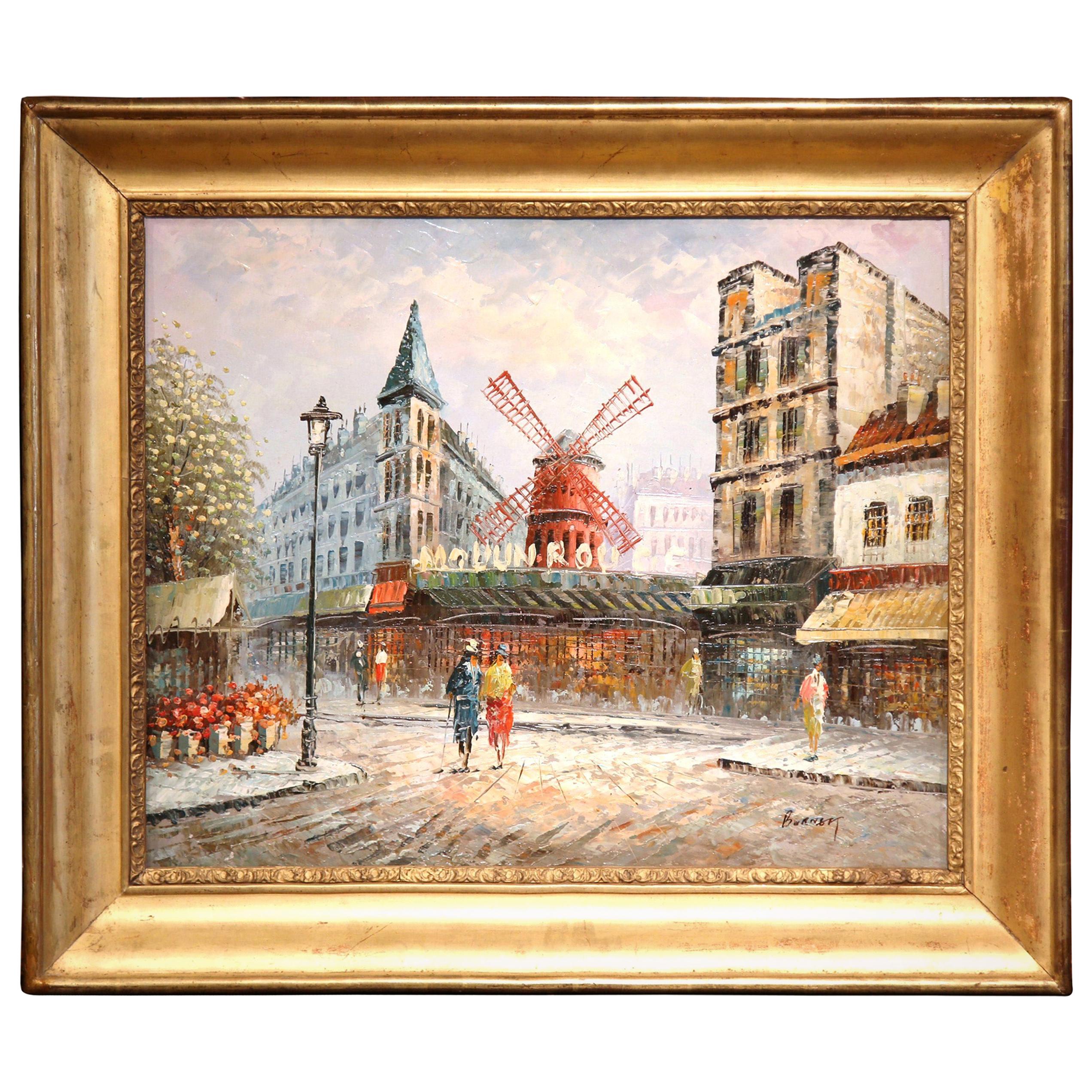 20th Century French Painting "Le Moulin Rouge" in Antique Frame Signed Burnau