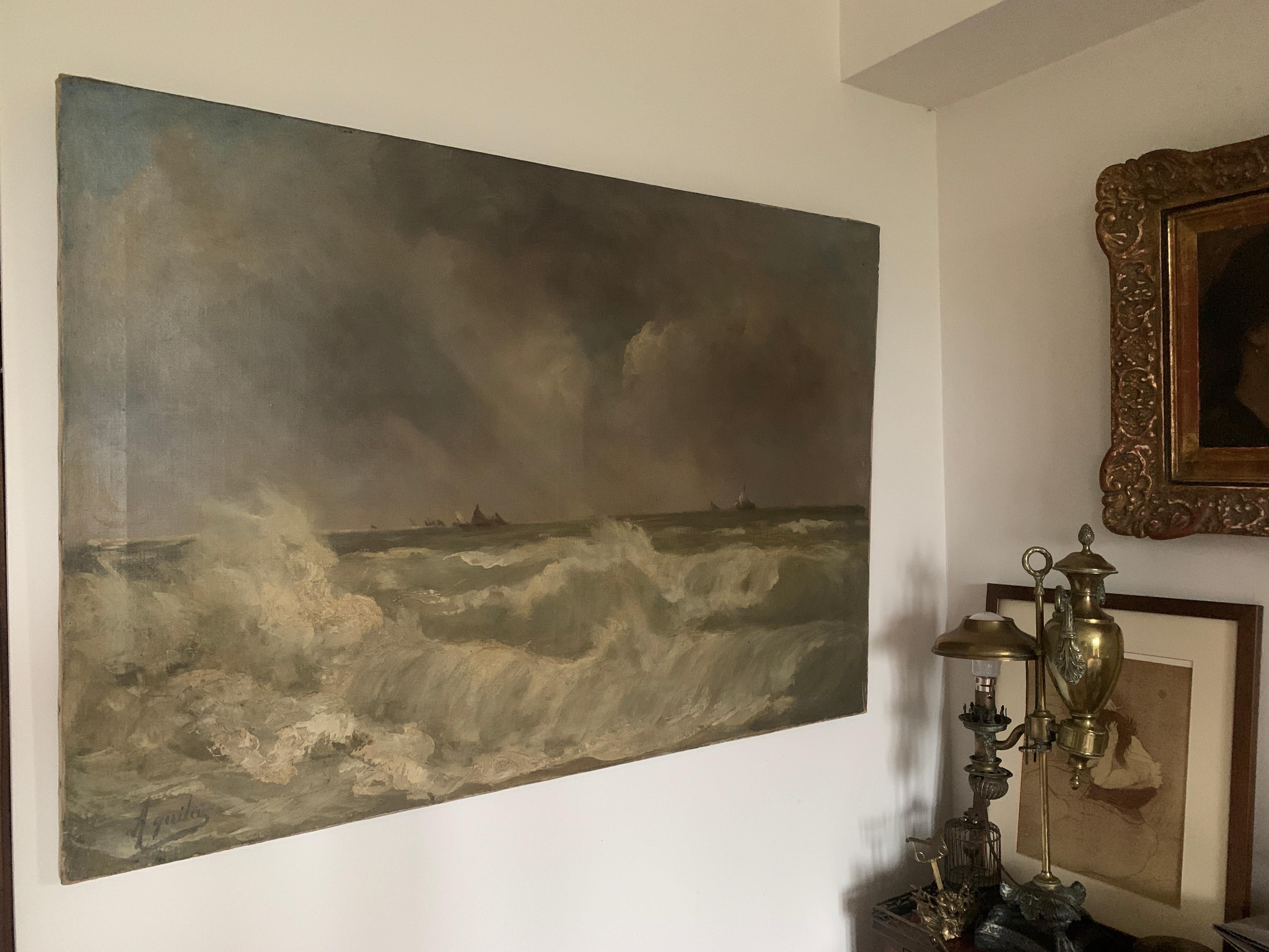 Large painting oil on canvas signed by Aquila representing the wild face of the sea.
Extremely dynamic sensation and on the other hand one my see few small boats in a distance away from the huge waives.

France, circa 1920.