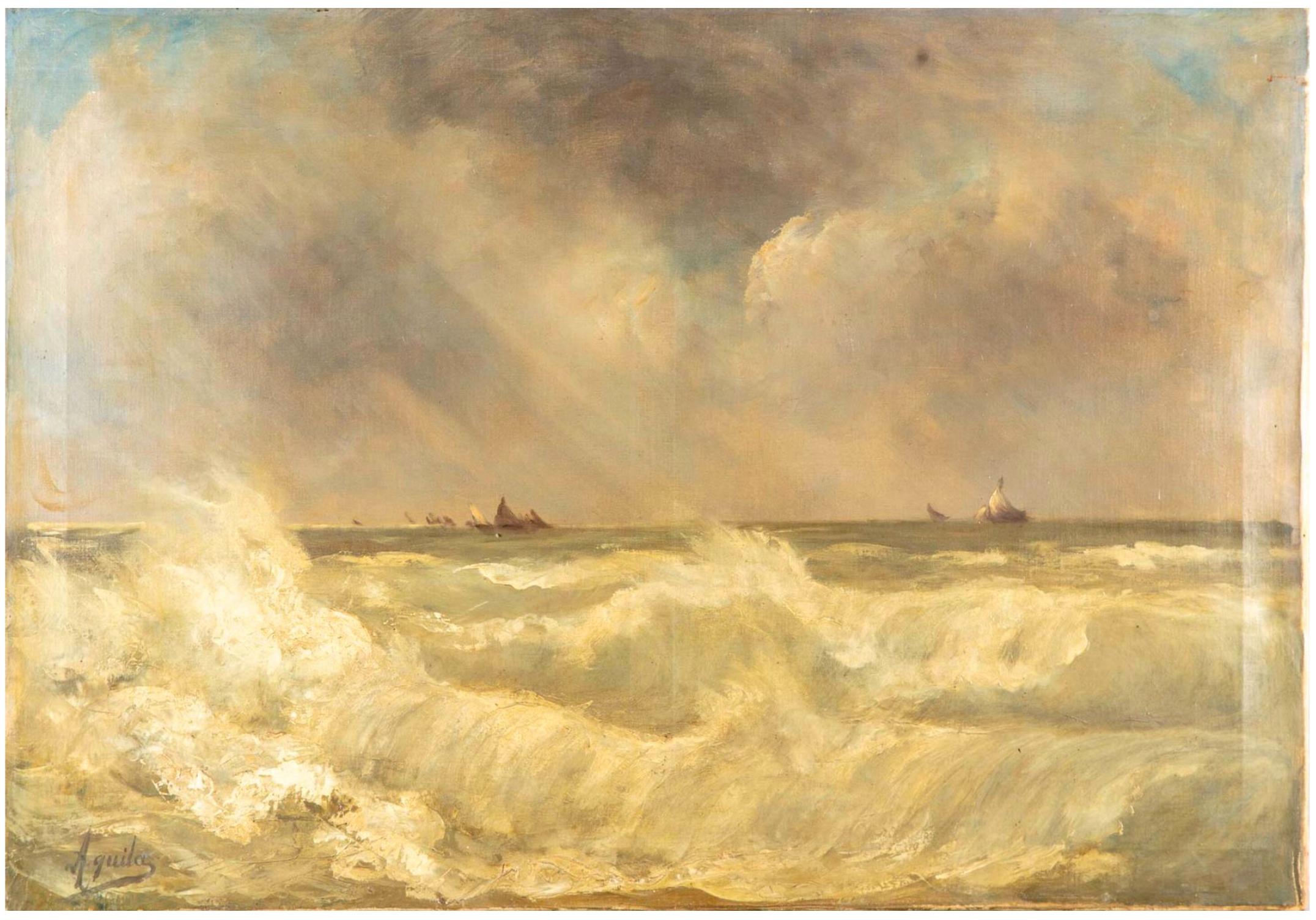 Large painting oil on canvas signed by Aquila representing the wild face of the sea.
Extremely dynamic sensation and on the other hand one my see few small boats in a distance away from the huge waives.

France, circa 1920.