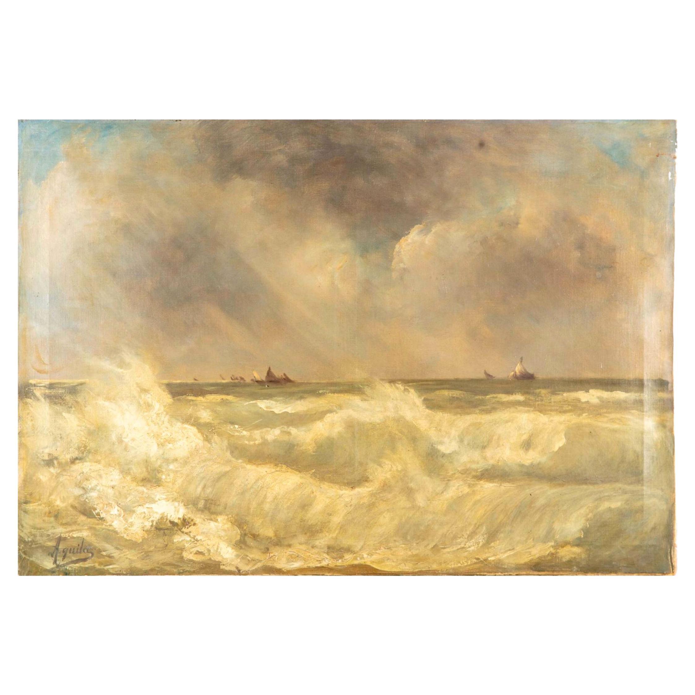 20th Century French Painting Oil on Canvas "Wild Seascape" by Aquila For Sale