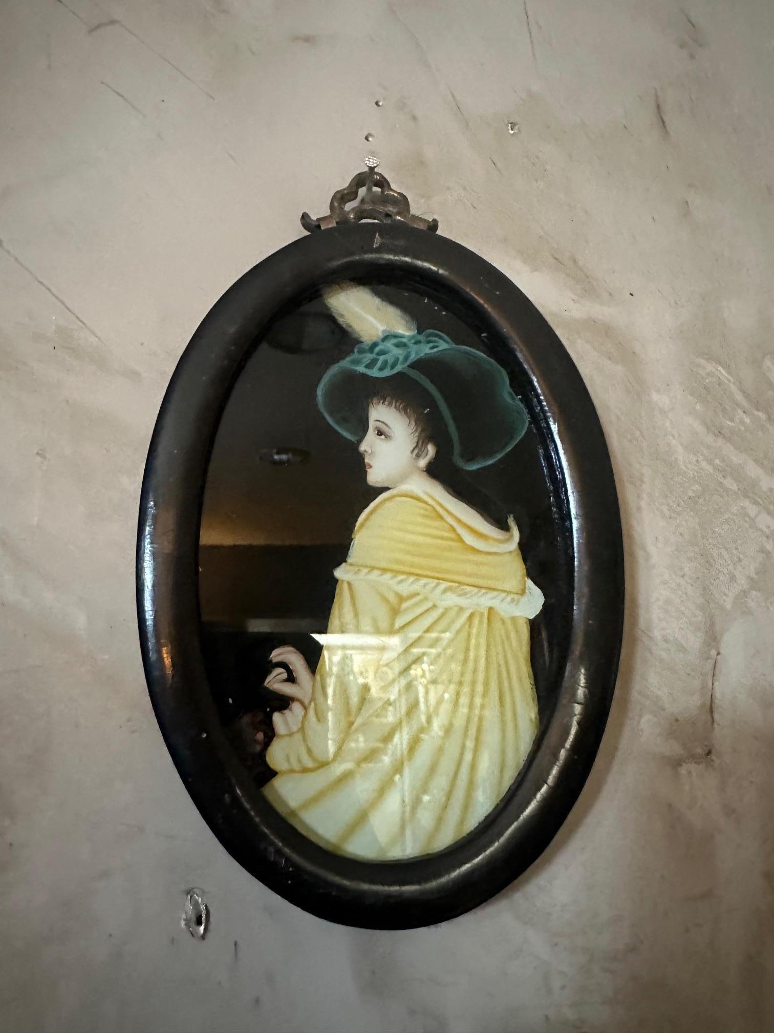Art Deco 20th century French Painting on Glass with oval Frame, 1930s For Sale