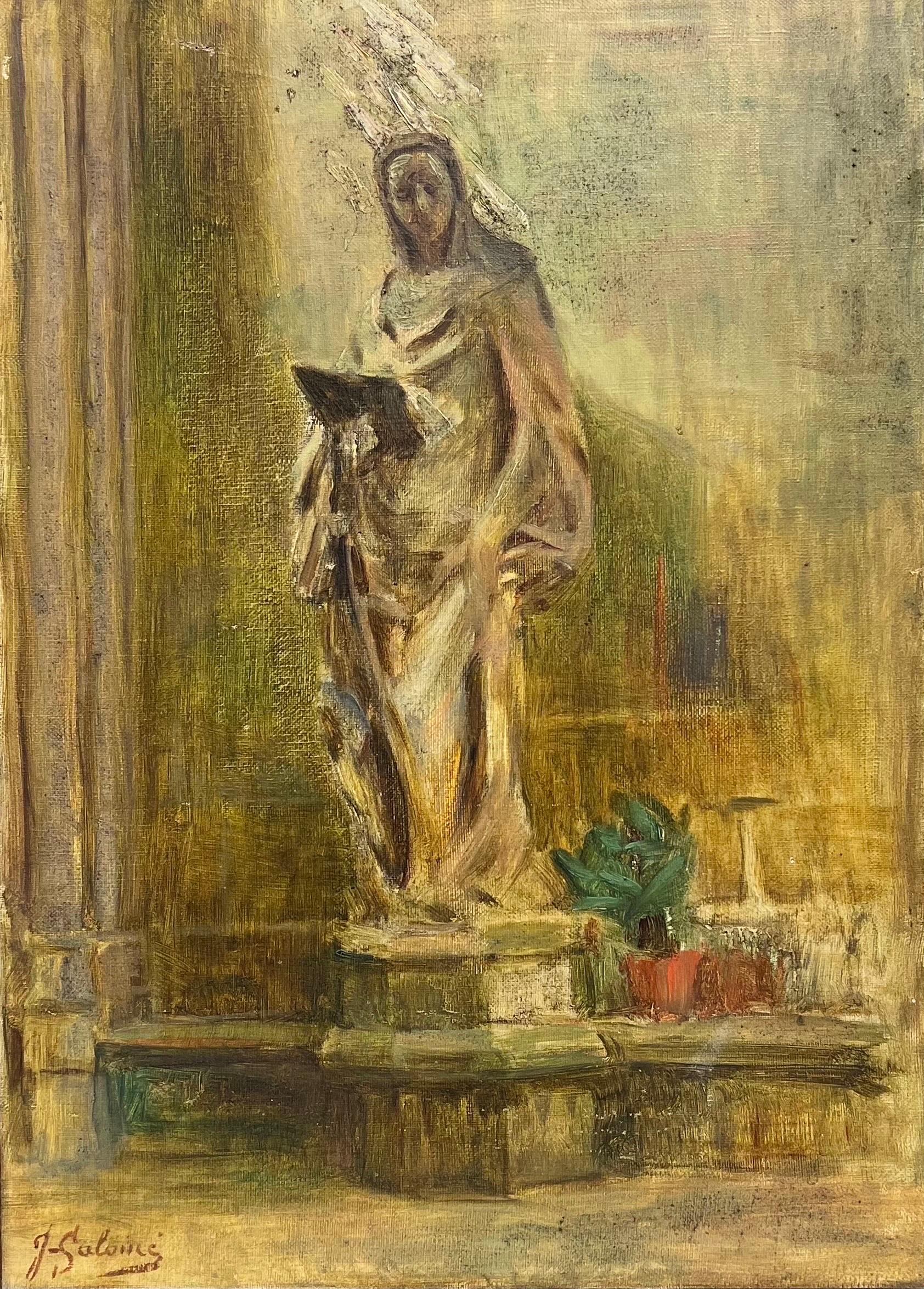 1930's French Signed Oil Portrait of a Statue outside Church Courtyard - Painting by 20th Century French