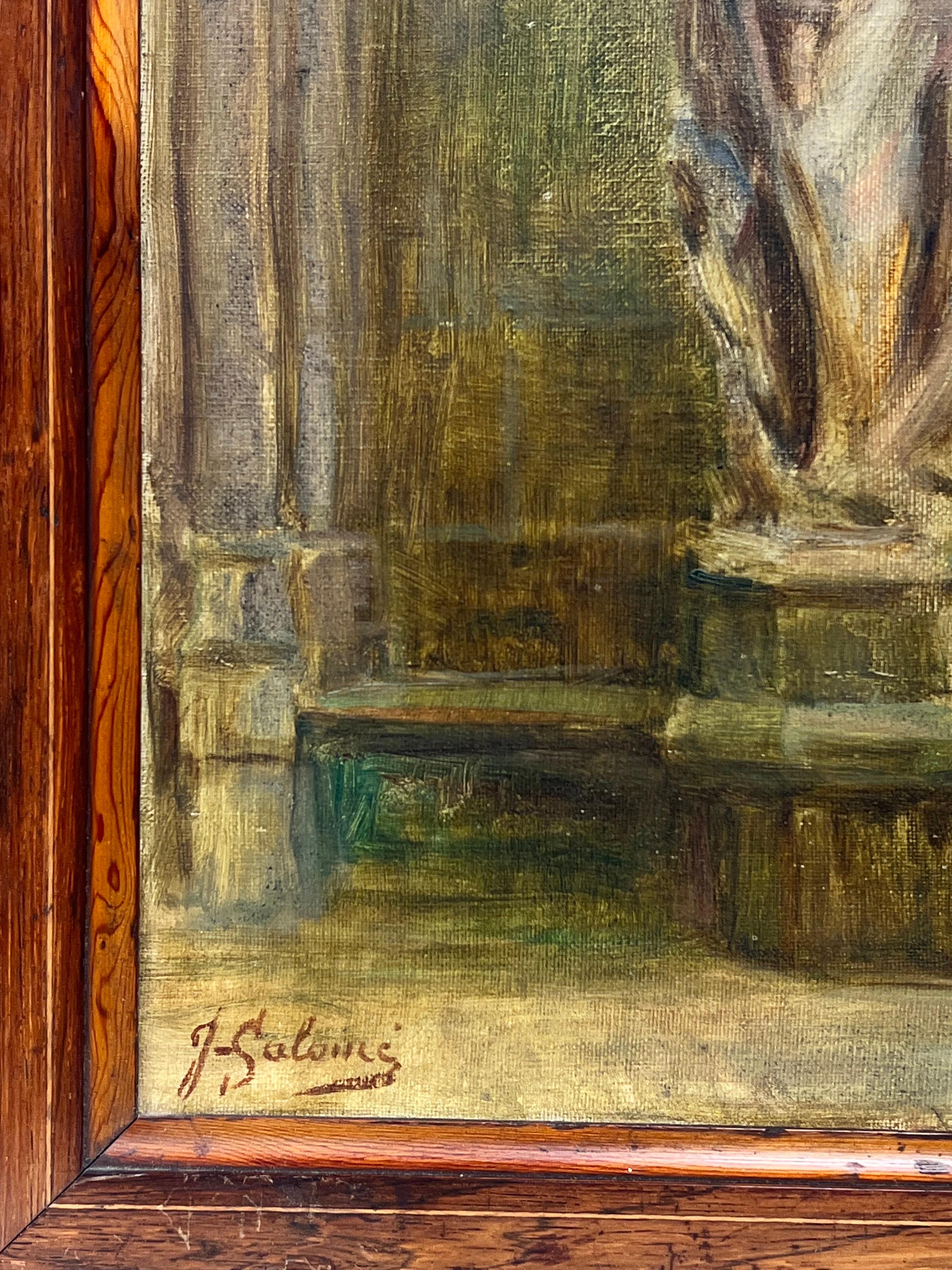 1930's French Signed Oil Portrait of a Statue outside Church Courtyard - Victorian Painting by 20th Century French